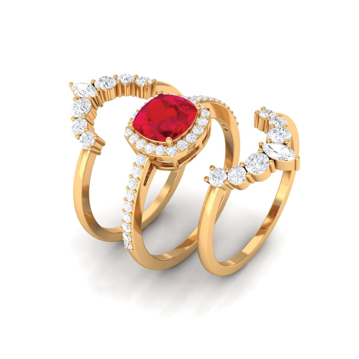 Certified Lab Grown Ruby 3 Piece Bridal Ring Set with Moissanite
