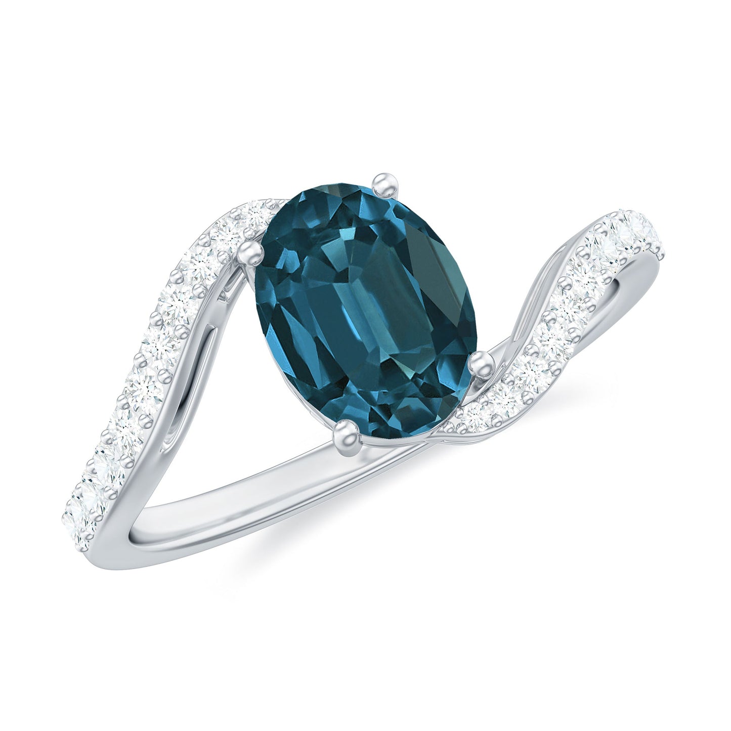 6X8mm Oval Cut London Blue Topaz and Diamond Bypass Engagement Ring