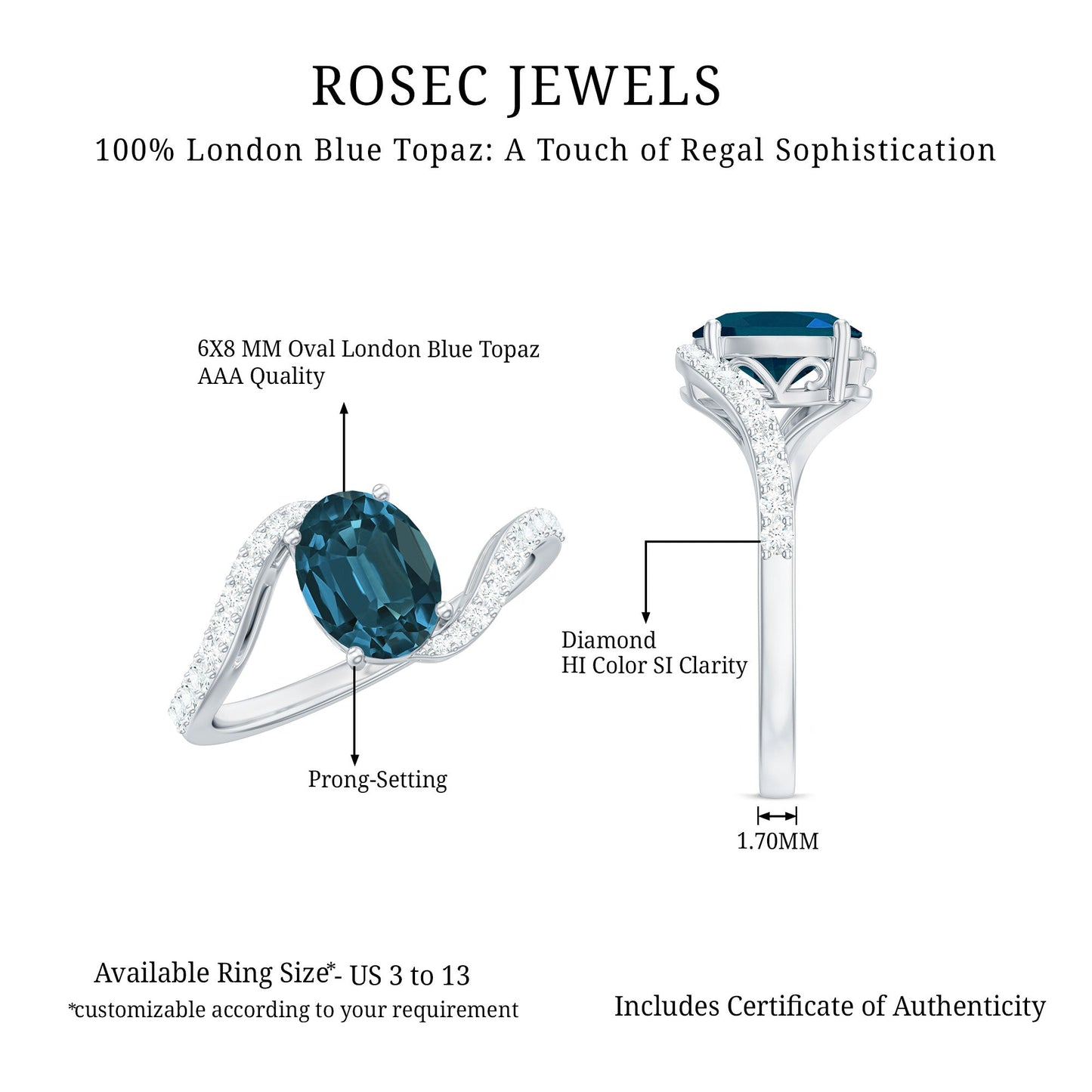 6X8mm Oval Cut London Blue Topaz and Diamond Bypass Engagement Ring