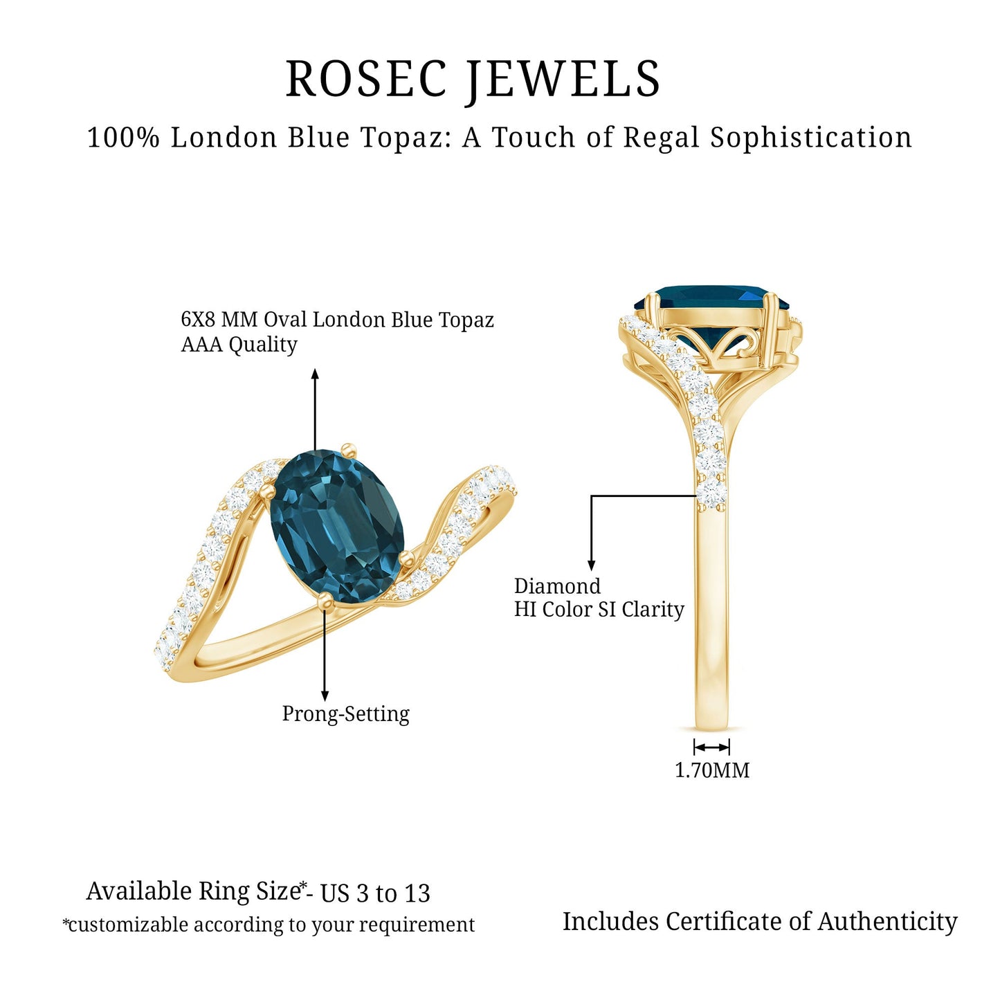 6X8mm Oval Cut London Blue Topaz and Diamond Bypass Engagement Ring
