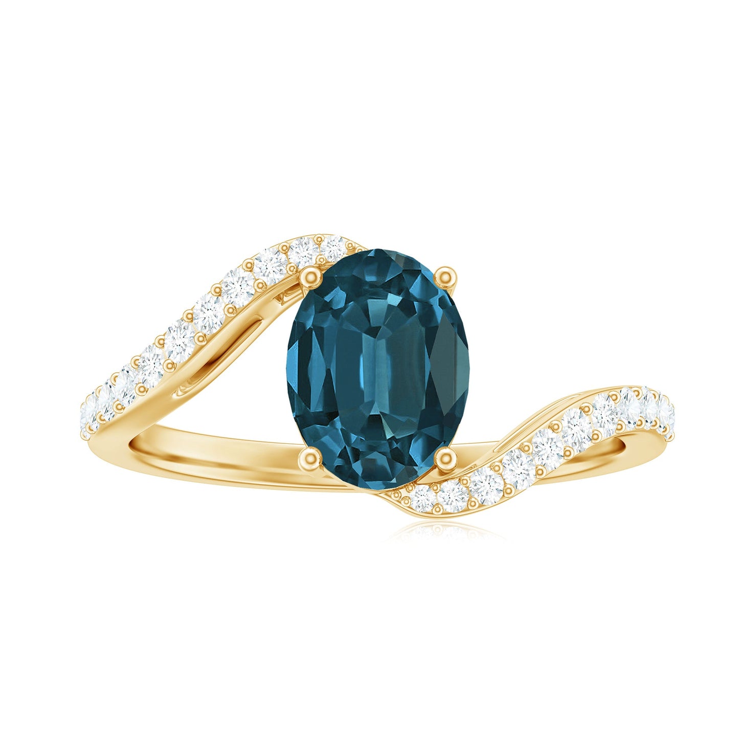 6X8mm Oval Cut London Blue Topaz and Diamond Bypass Engagement Ring