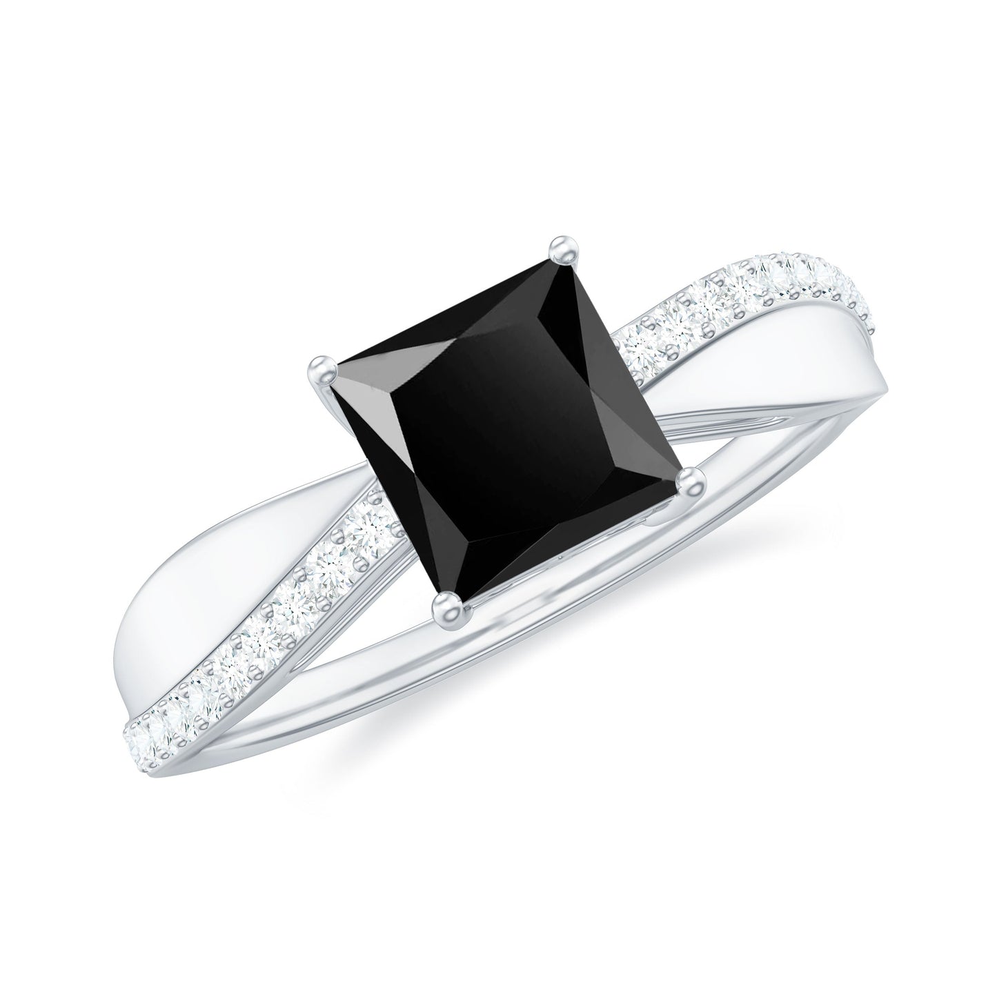 5mm Princess Cut Black Onyx Solitaire Engagement Ring with Diamond