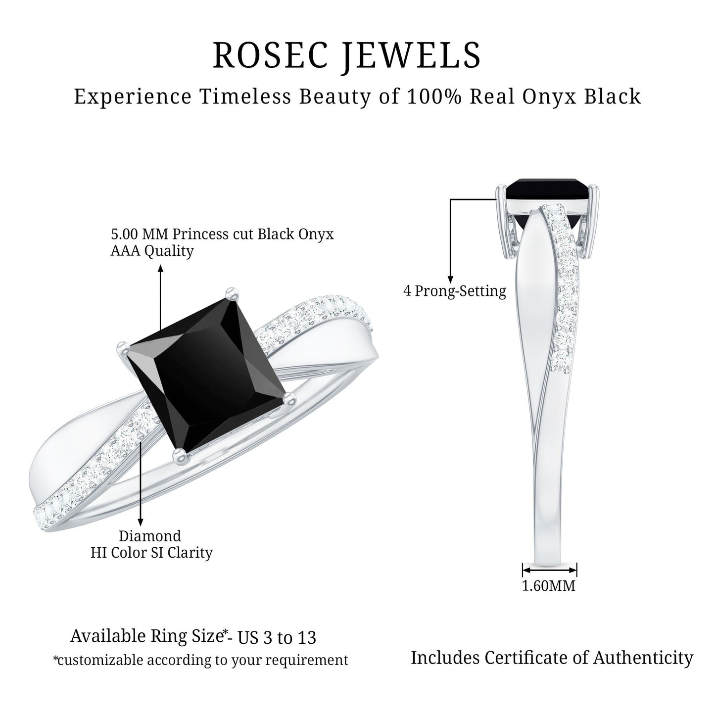 5mm Princess Cut Black Onyx Solitaire Engagement Ring with Diamond