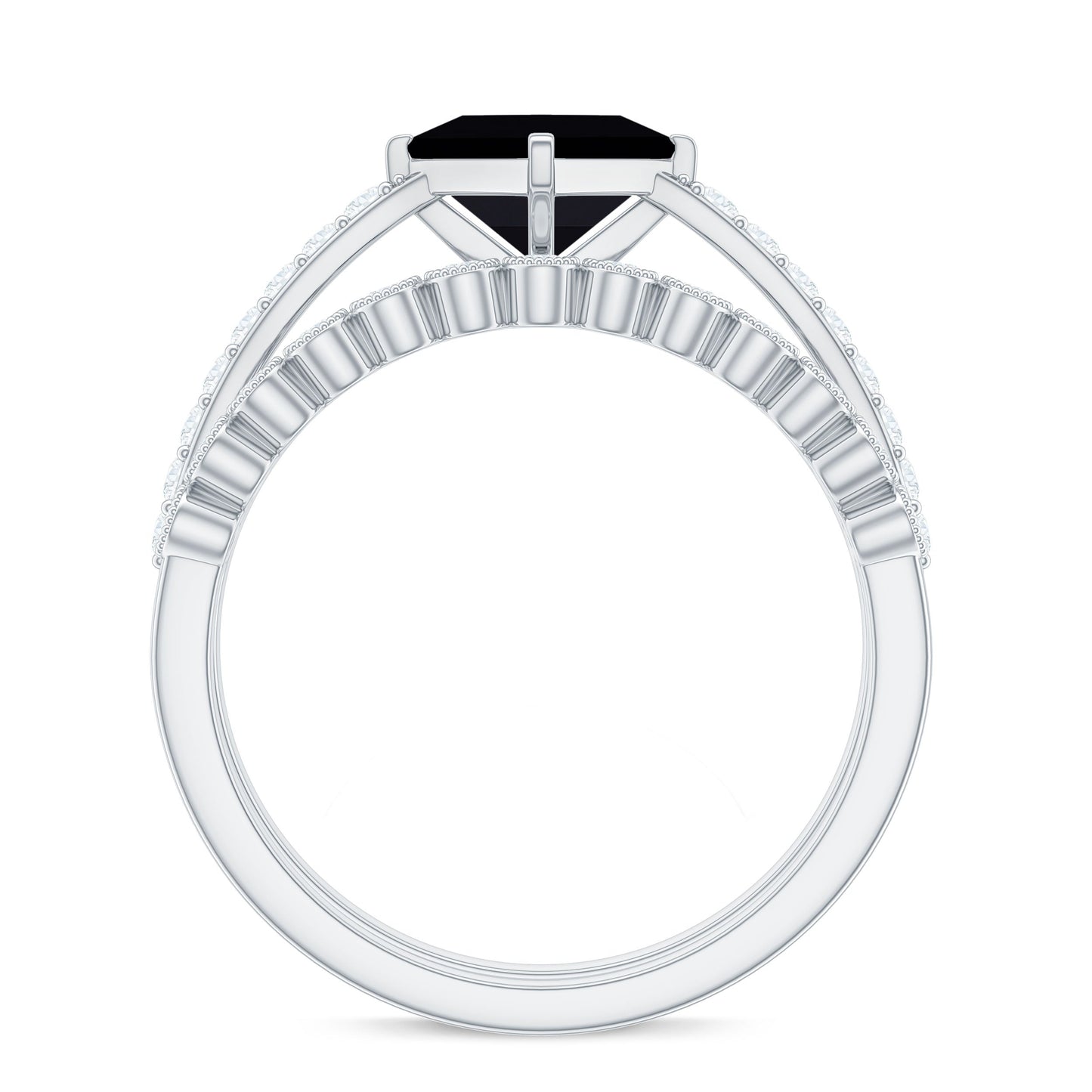 5mm Princess Cut Black Onyx Wedding Rings Set with Diamond Band