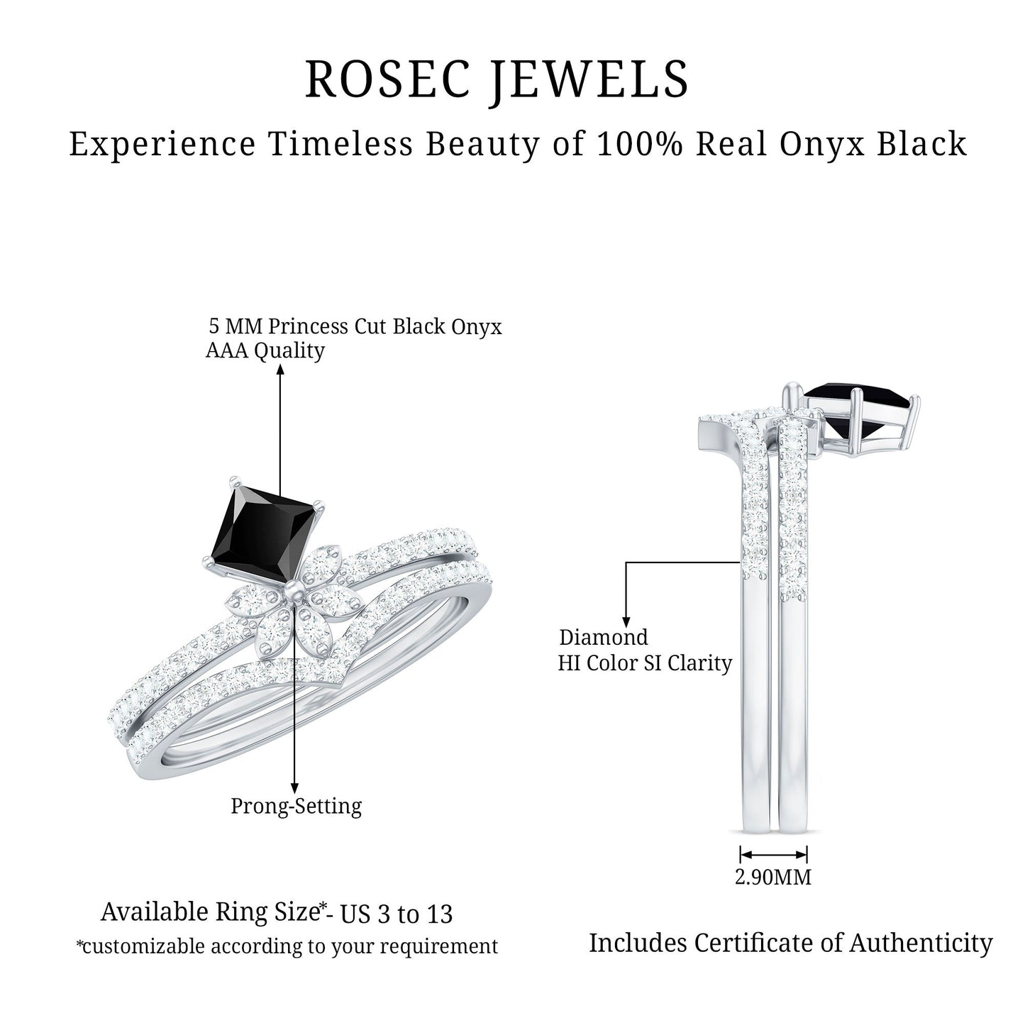5mm Princess Cut Black Onyx Floral Rings Set with Diamond Band