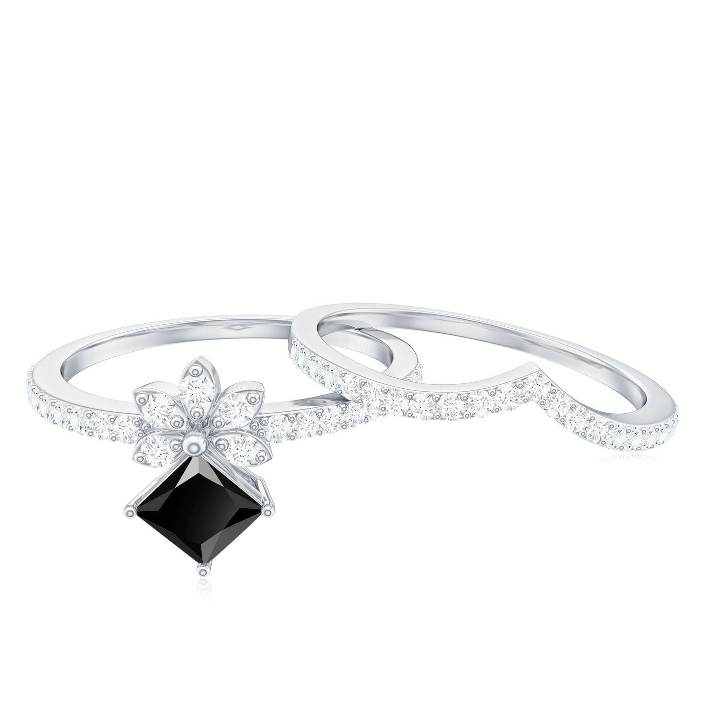 5mm Princess Cut Black Onyx Floral Rings Set with Diamond Band