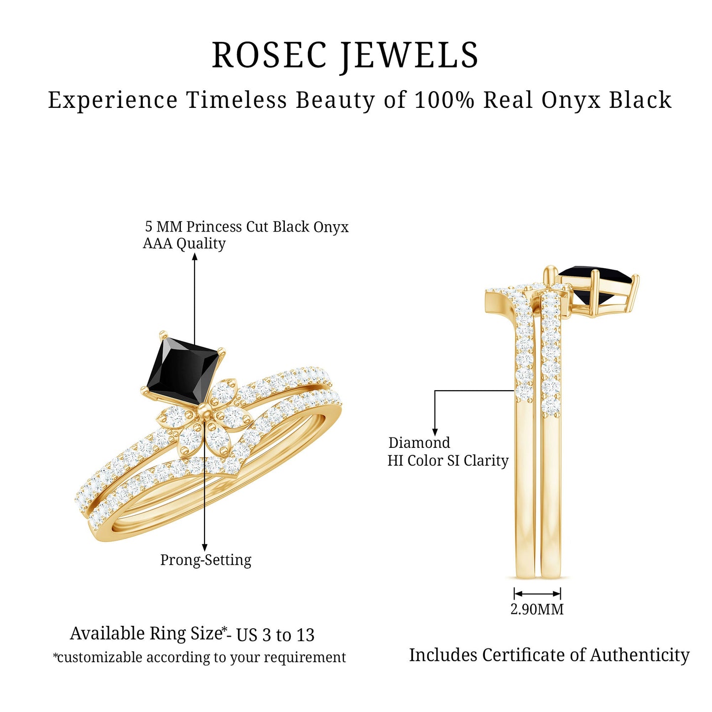 5mm Princess Cut Black Onyx Floral Rings Set with Diamond Band