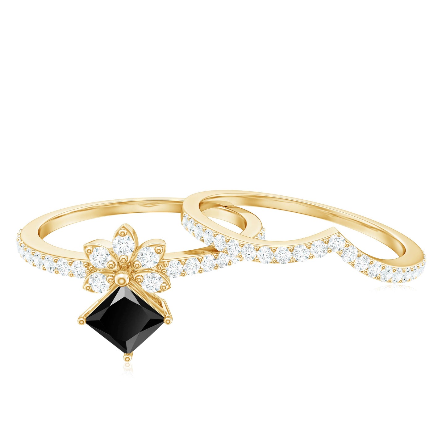 5mm Princess Cut Black Onyx Floral Rings Set with Diamond Band