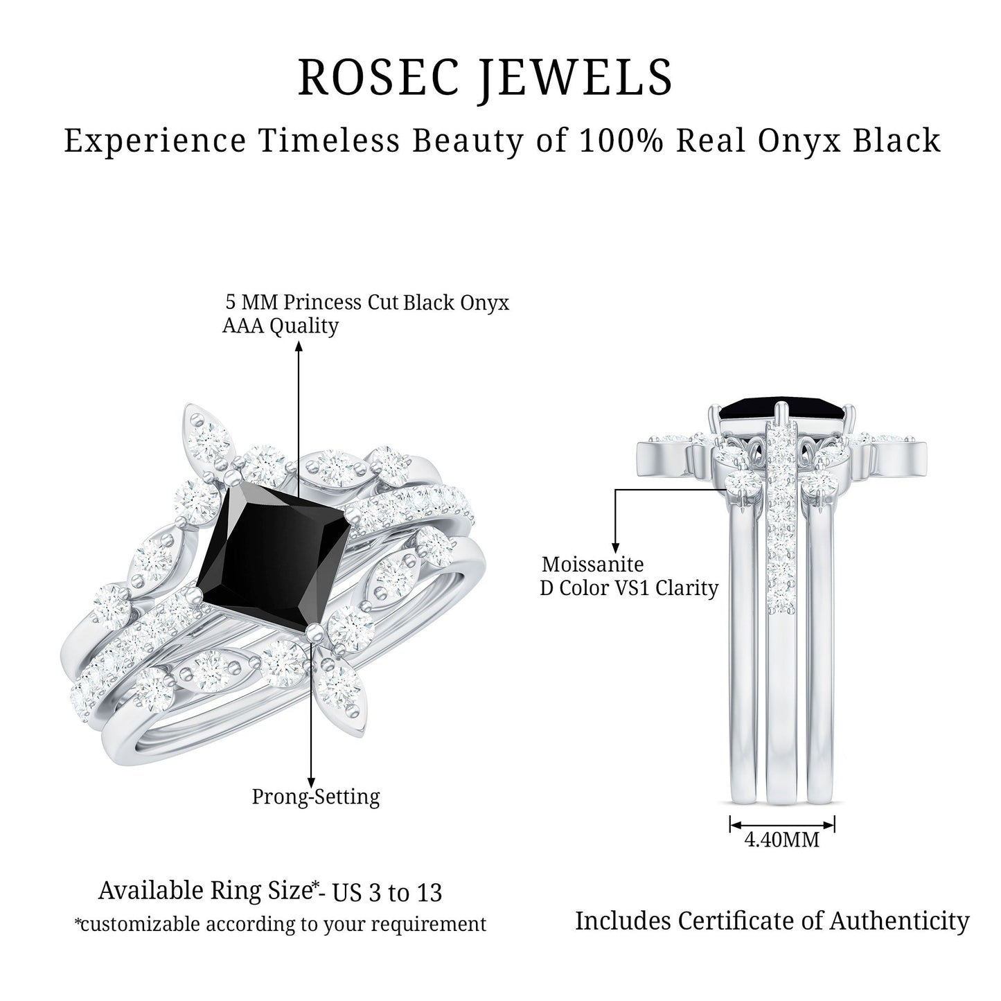 5mm Princess Cut Black Onyx Bridal Rings Set with Moissanite