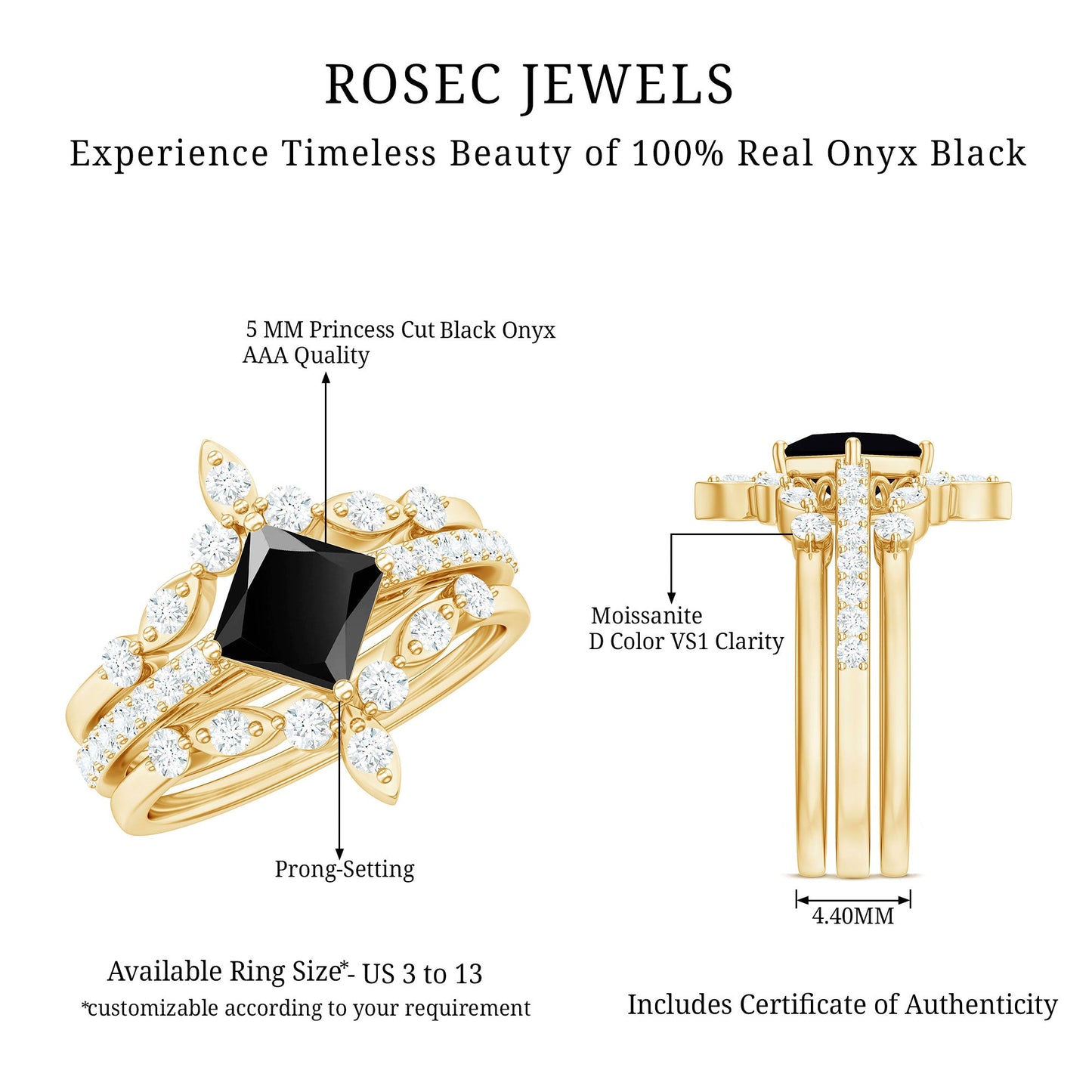 5mm Princess Cut Black Onyx Bridal Rings Set with Moissanite