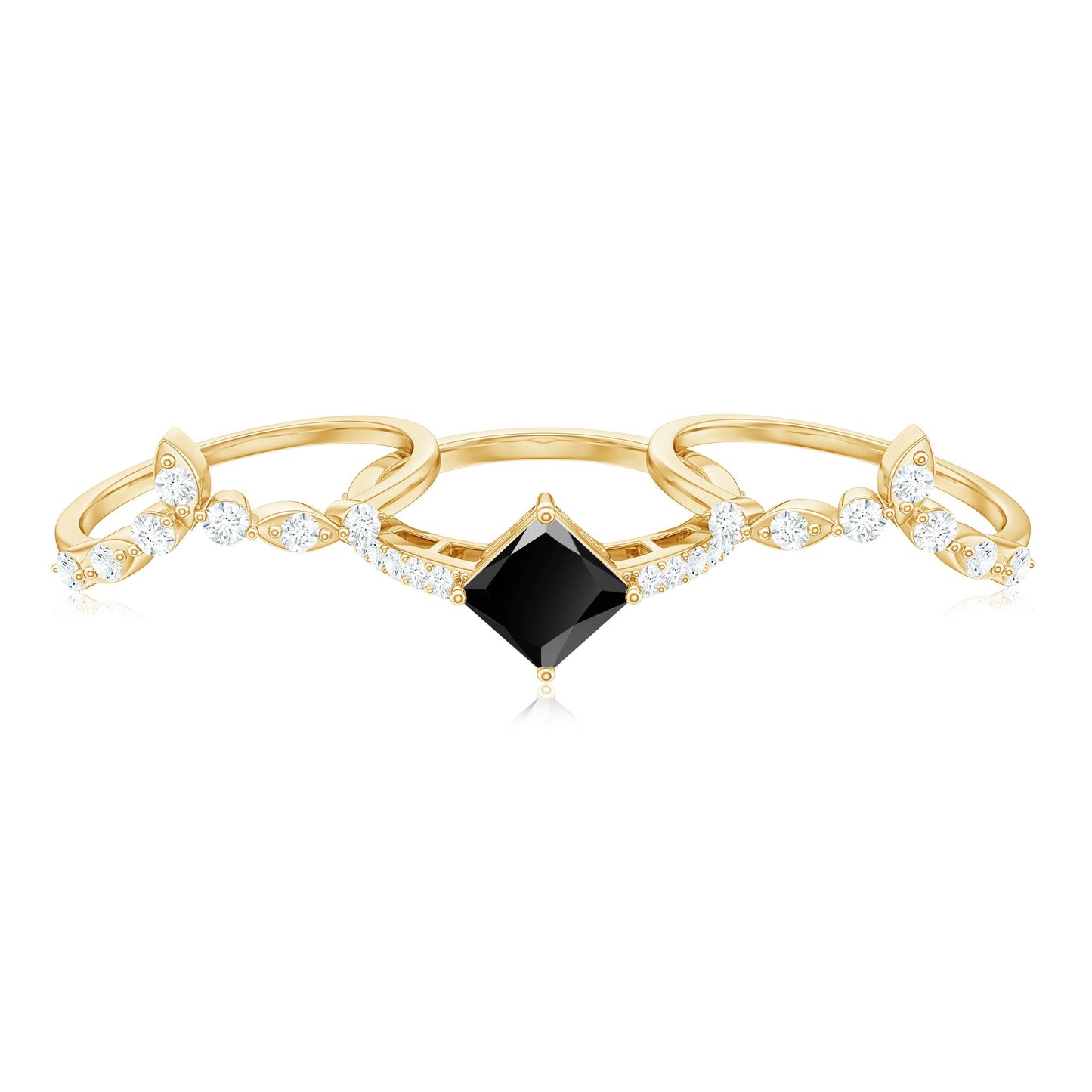 5mm Princess Cut Black Onyx Bridal Rings Set with Moissanite
