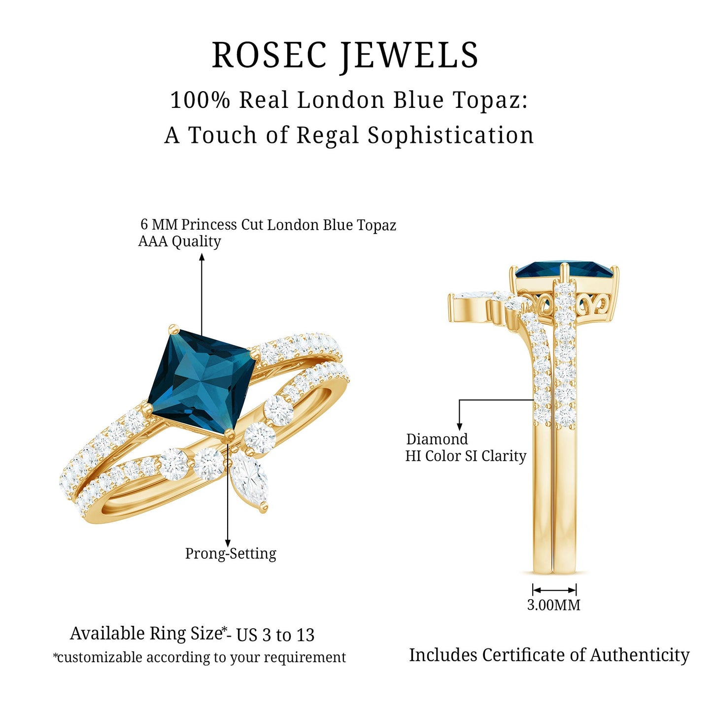 6mm Princess Cut London Blue Topaz and Diamond Wedding Ring Set