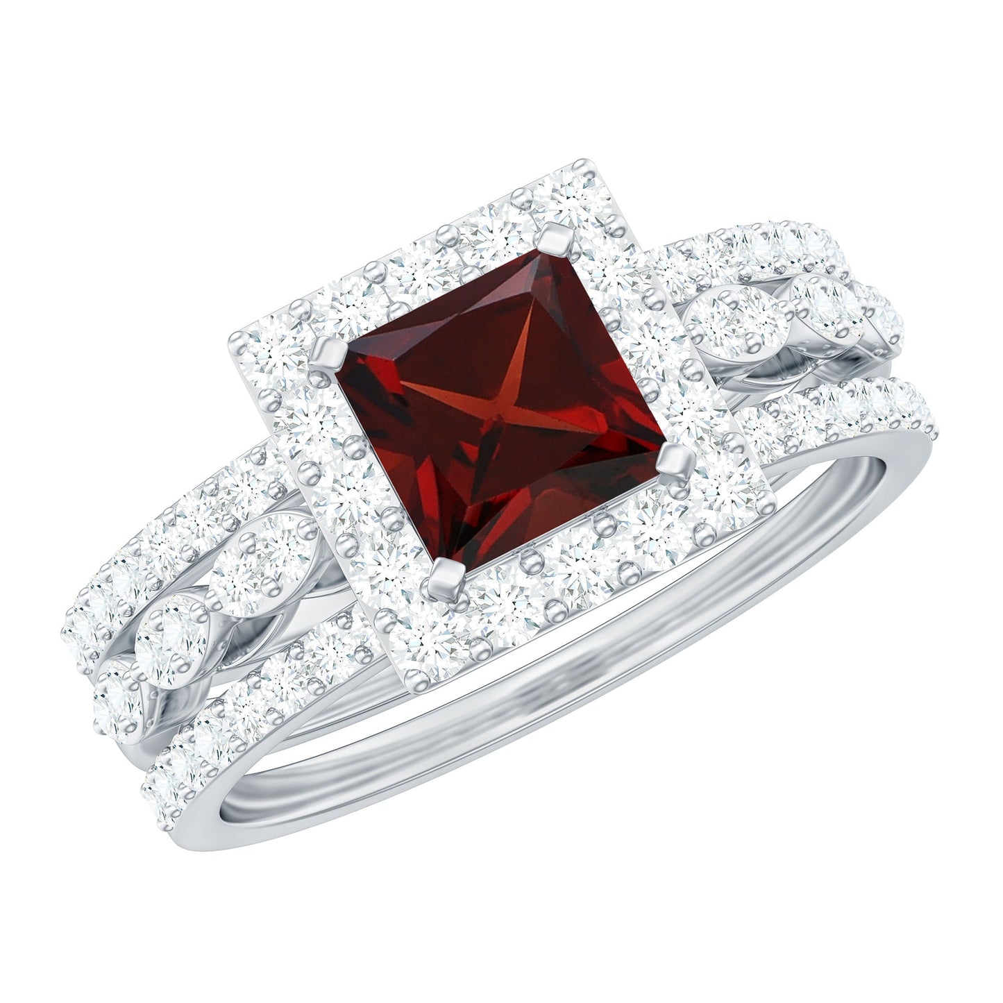 Genuine Princess Cut Garnet 3 Piece Bridal Ring Set with Moissanite