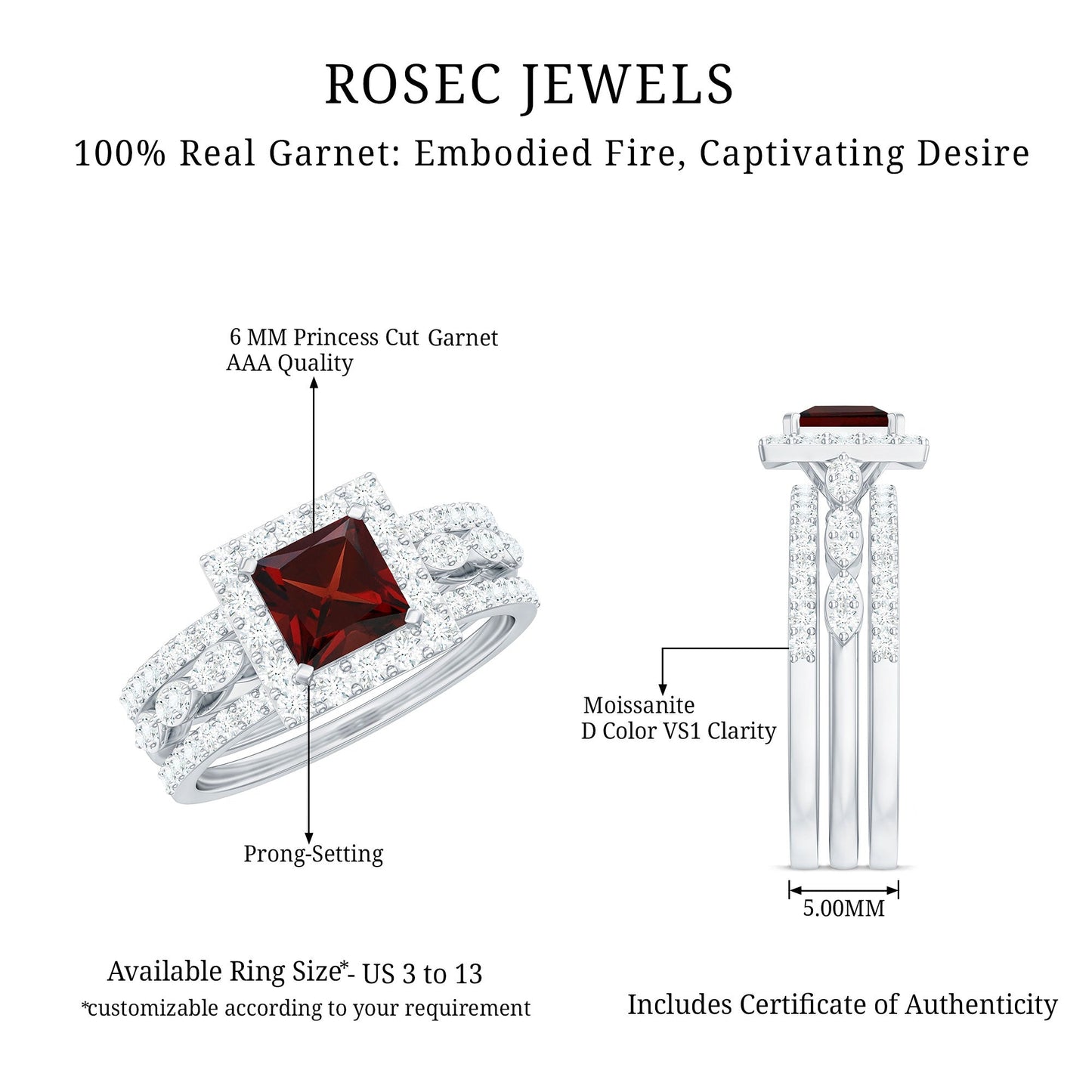 Genuine Princess Cut Garnet 3 Piece Bridal Ring Set with Moissanite