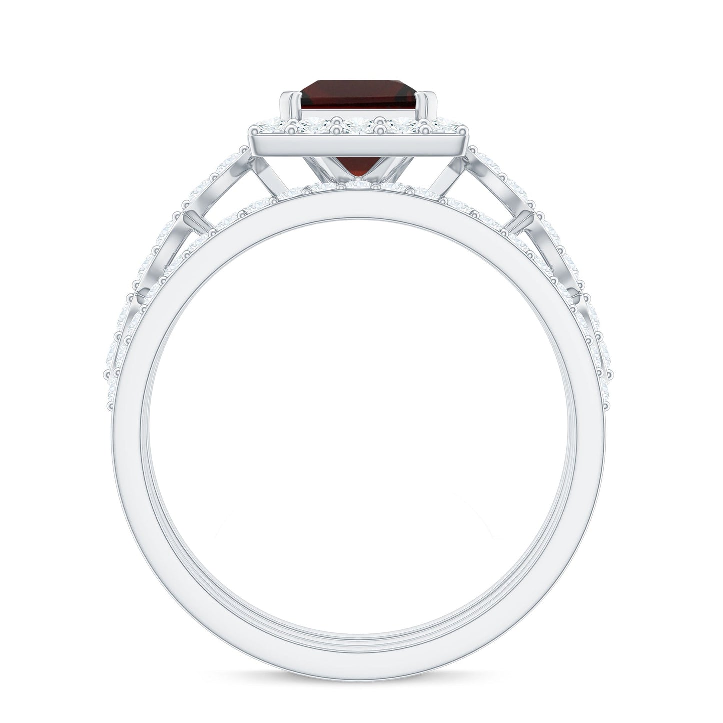 Genuine Princess Cut Garnet 3 Piece Bridal Ring Set with Moissanite