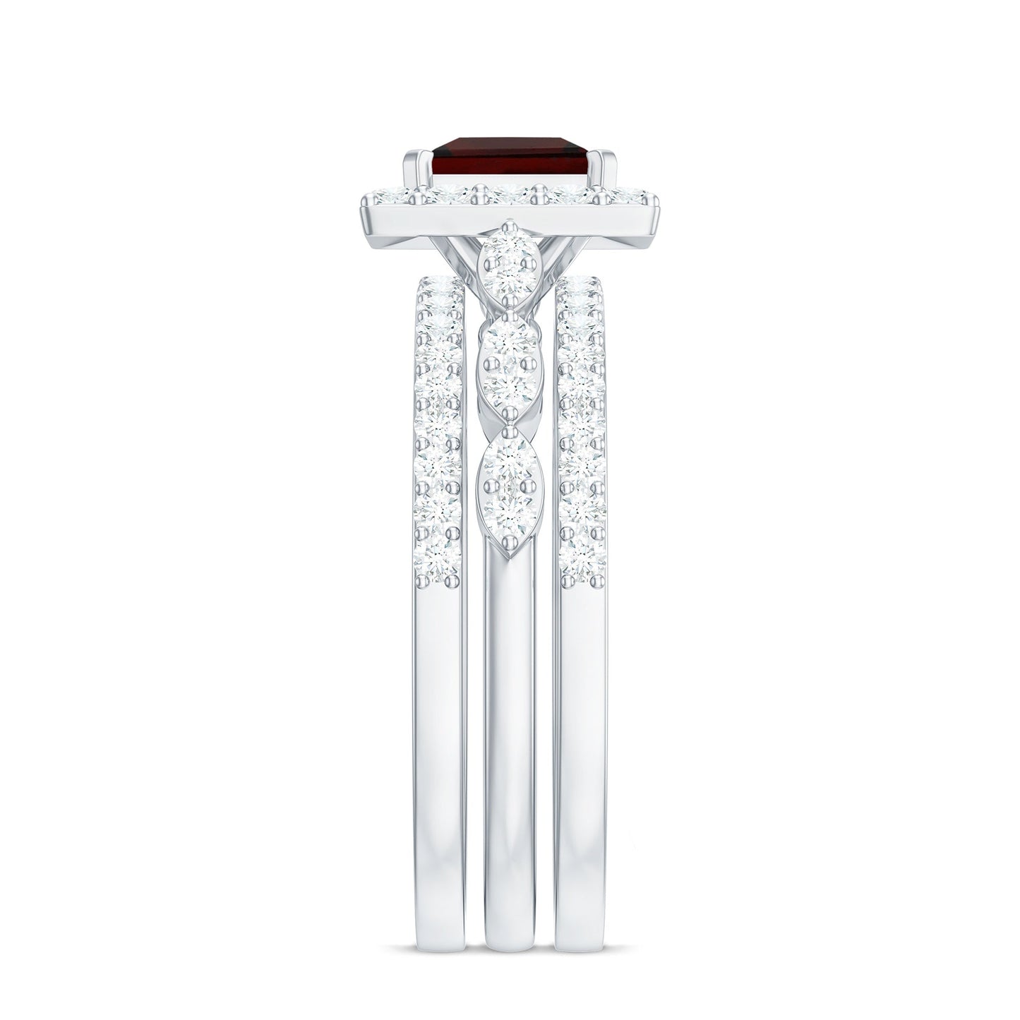 Genuine Princess Cut Garnet 3 Piece Bridal Ring Set with Moissanite
