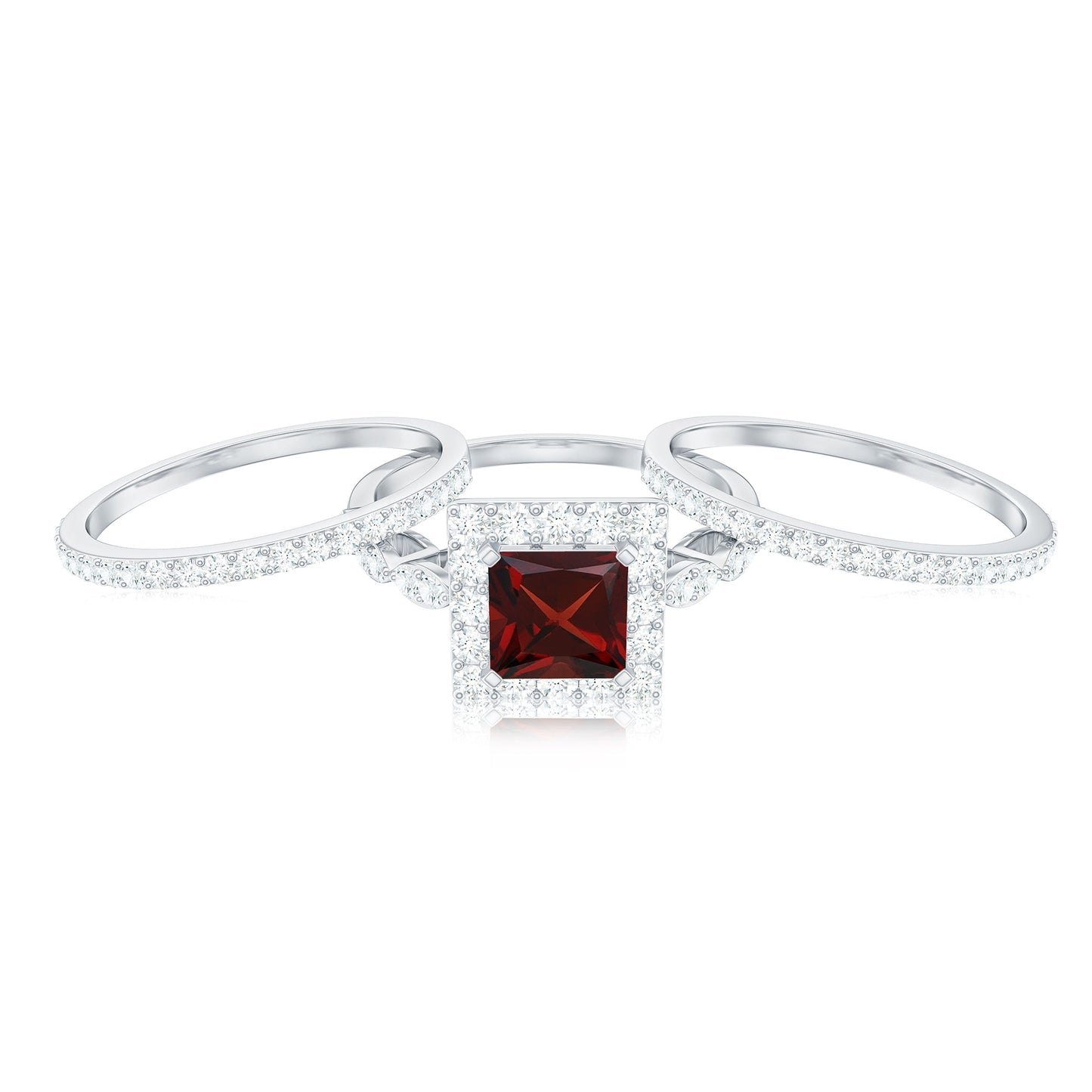 Genuine Princess Cut Garnet 3 Piece Bridal Ring Set with Moissanite