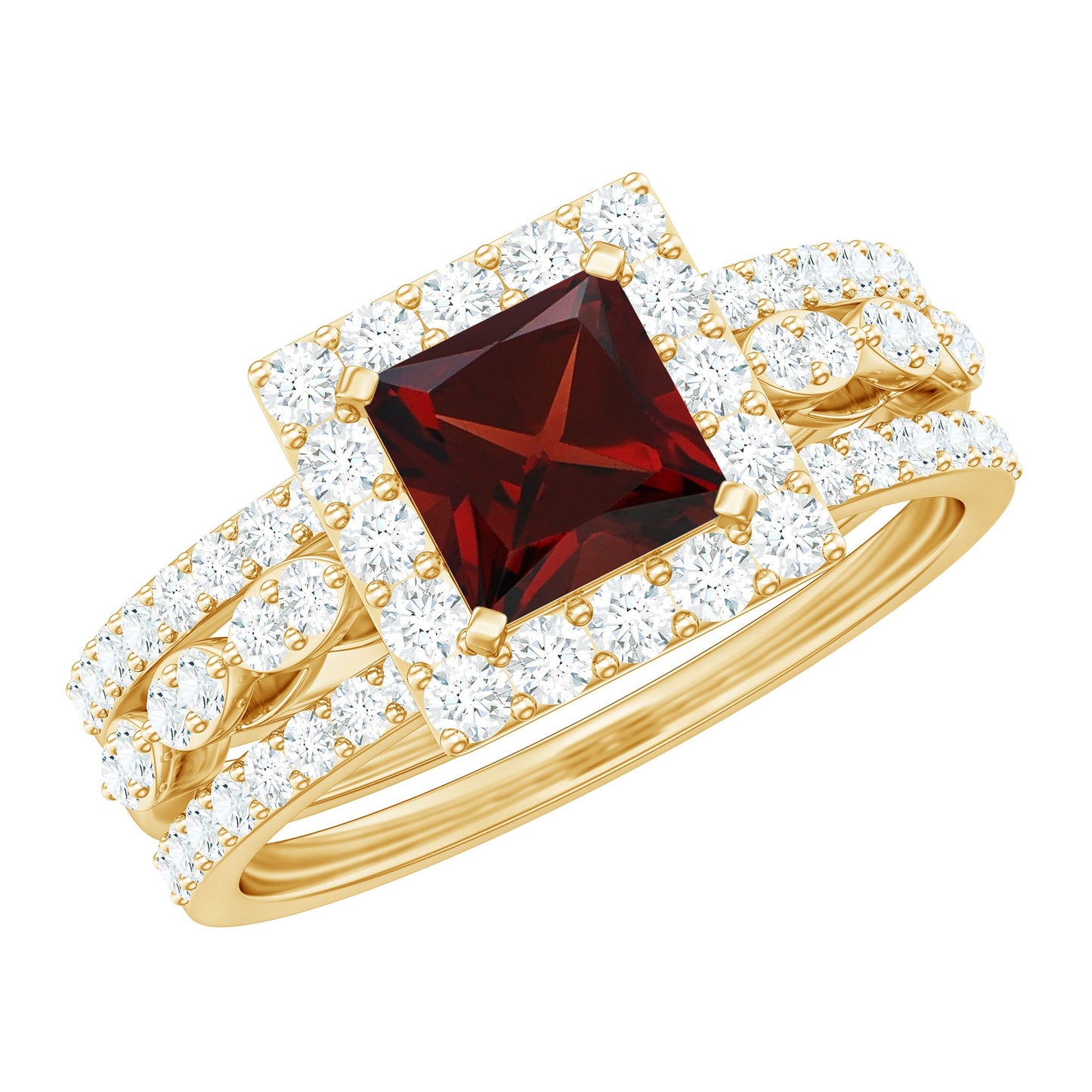 Genuine Princess Cut Garnet 3 Piece Bridal Ring Set with Moissanite
