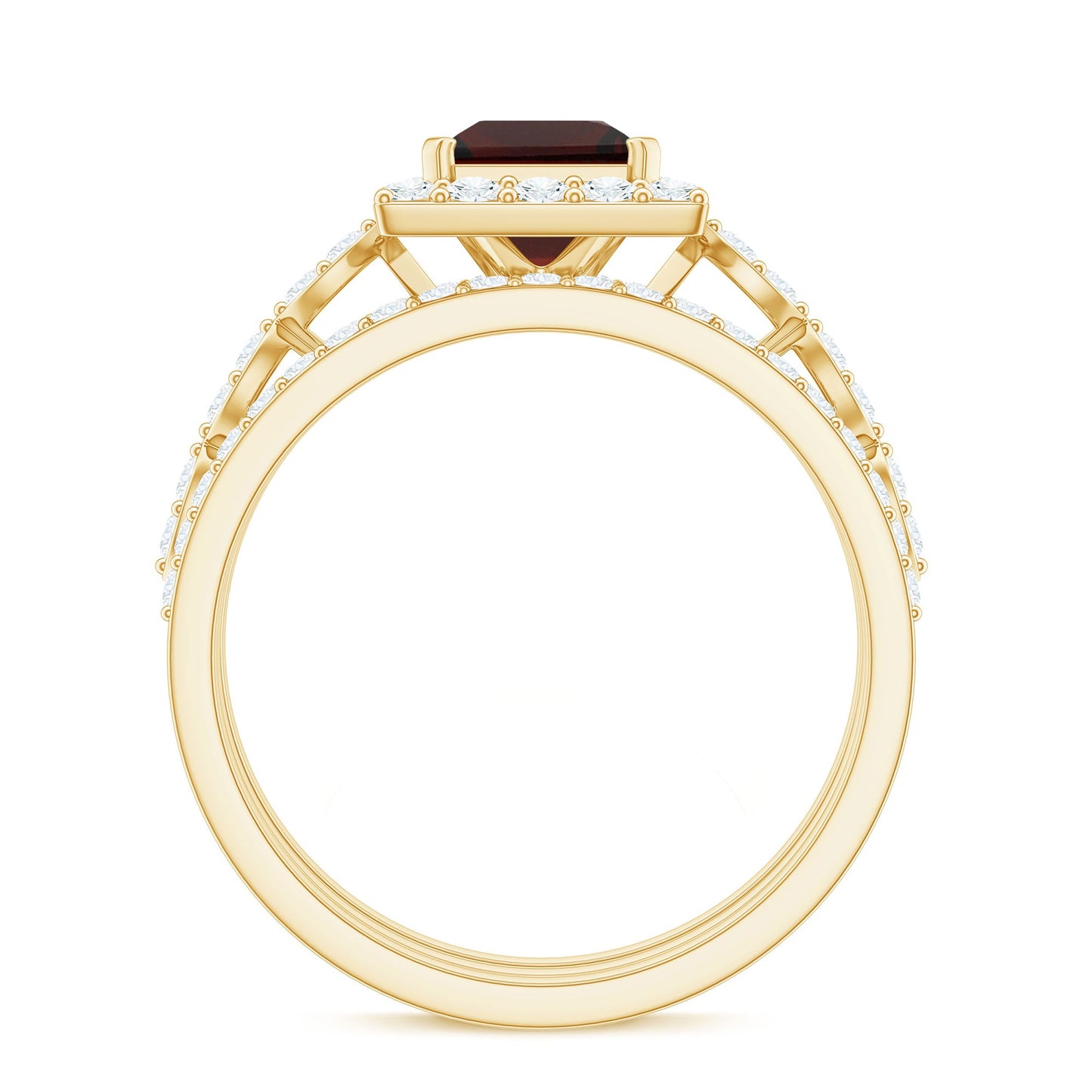 Genuine Princess Cut Garnet 3 Piece Bridal Ring Set with Moissanite