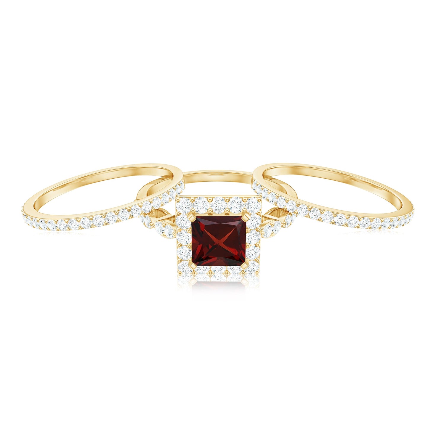 Genuine Princess Cut Garnet 3 Piece Bridal Ring Set with Moissanite
