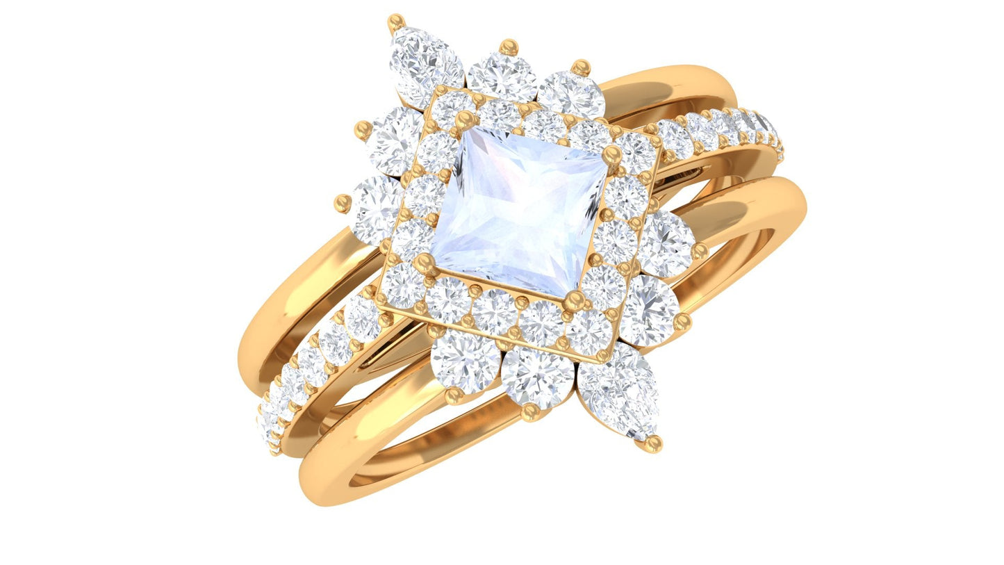 Natural Moonstone and Moissanite Trio Wedding Ring Set