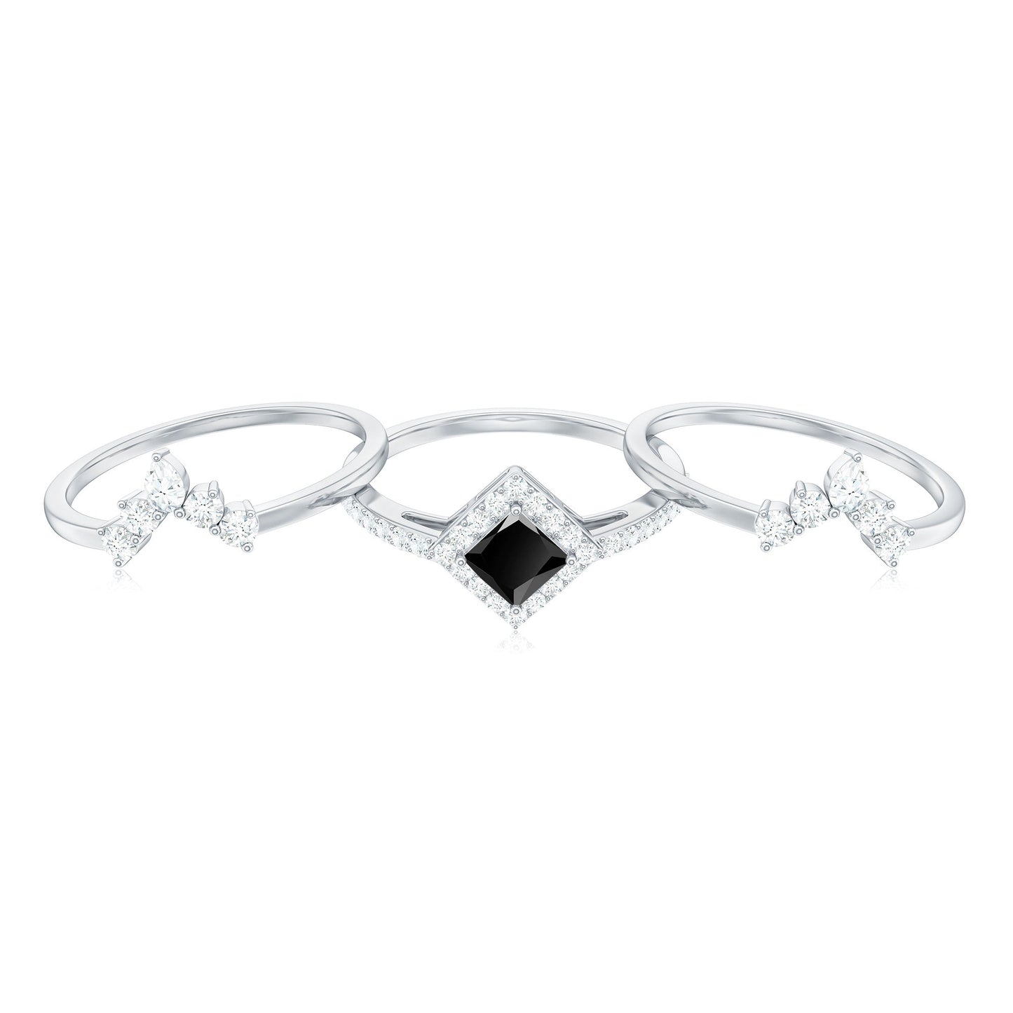 Certified 5mm Princess Cut Black Onyx Wedding Rings Set with Moissanite Band