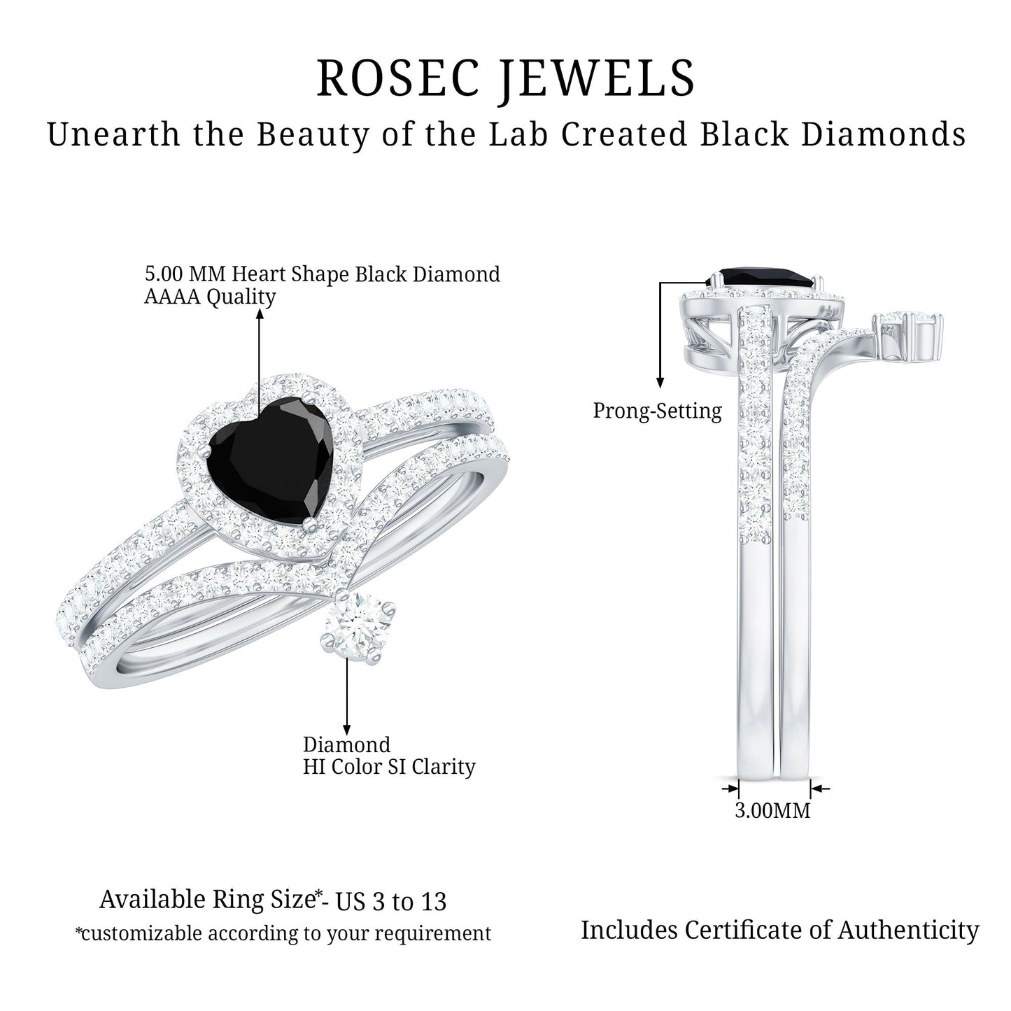 Created Black Diamond Heart Engagement Ring Set with Diamond