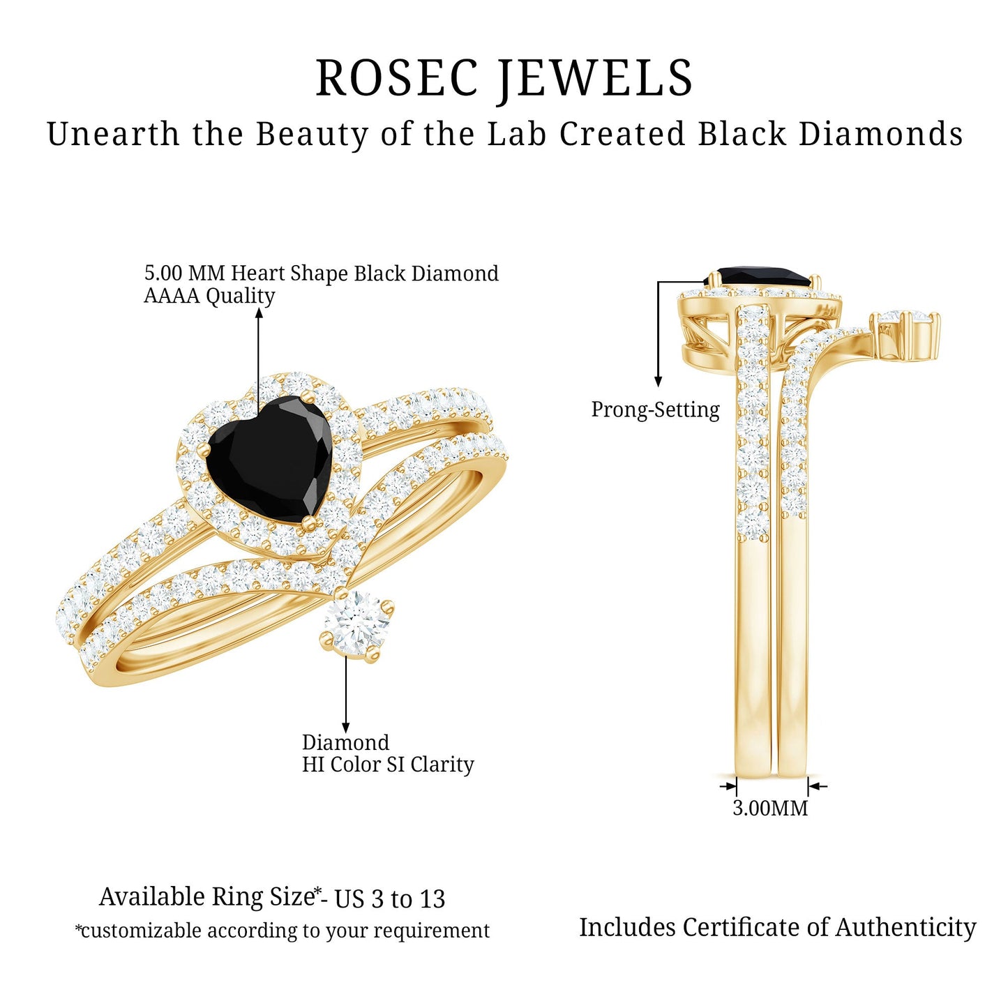 Created Black Diamond Heart Engagement Ring Set with Diamond