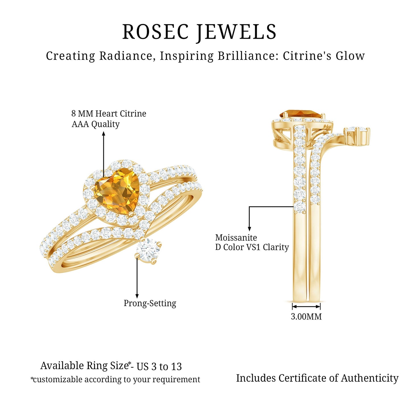 Certified Real Citrine Heart Shape Engagement Ring with Enhancer