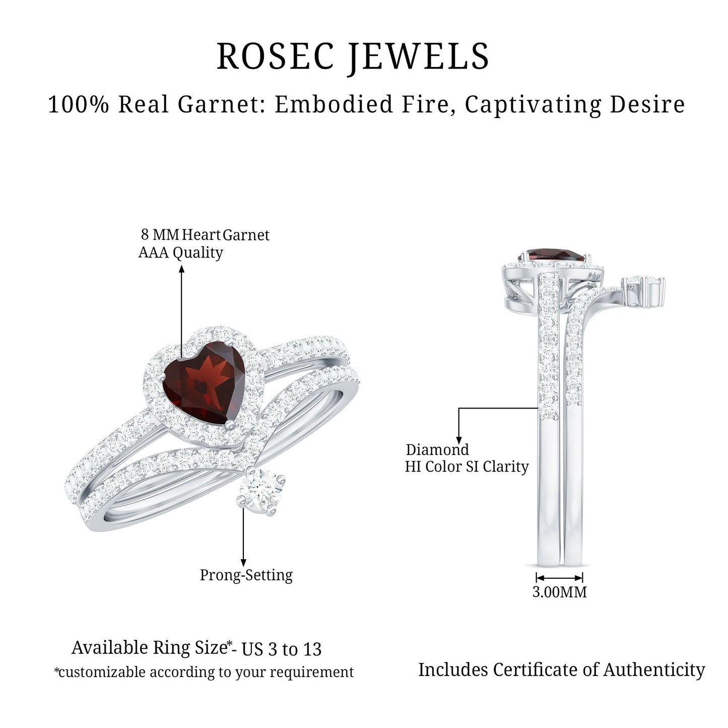 Natural Garnet Diamond Heart Engagement Ring Wedding Band Set