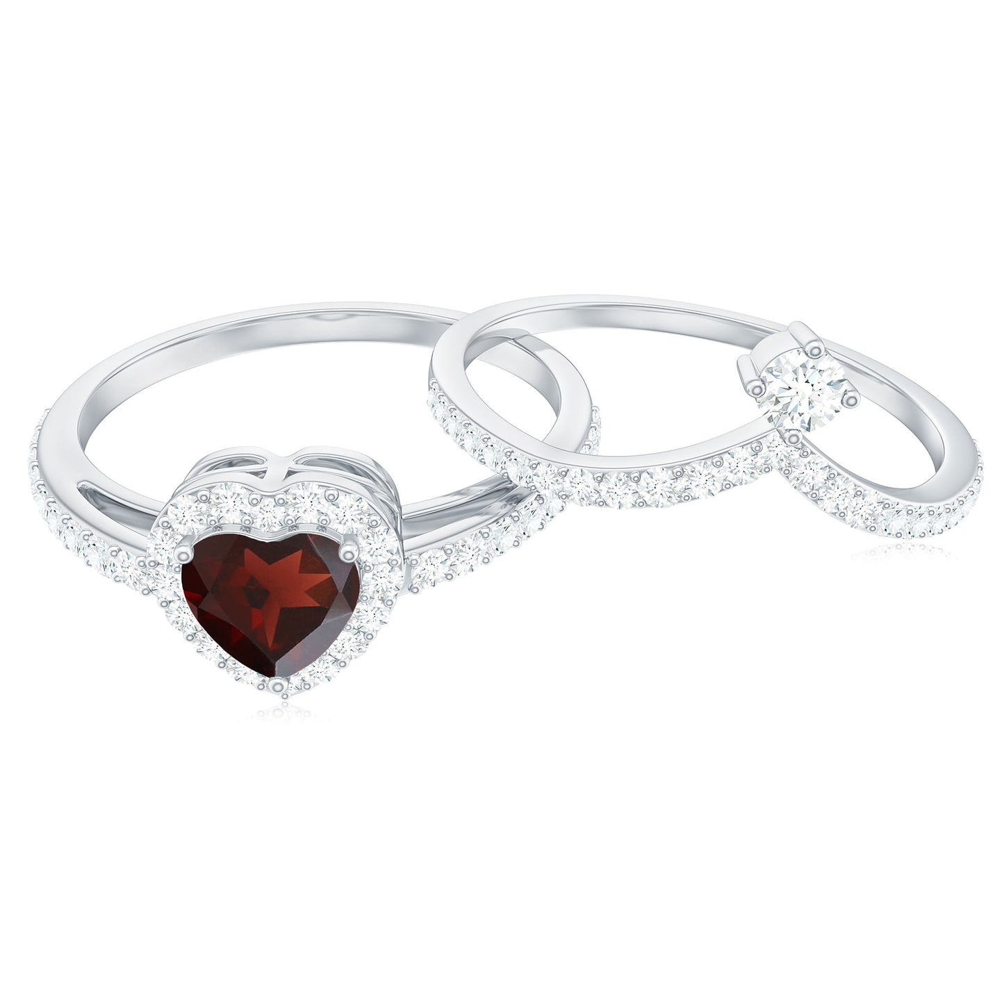 Natural Garnet Diamond Heart Engagement Ring Wedding Band Set