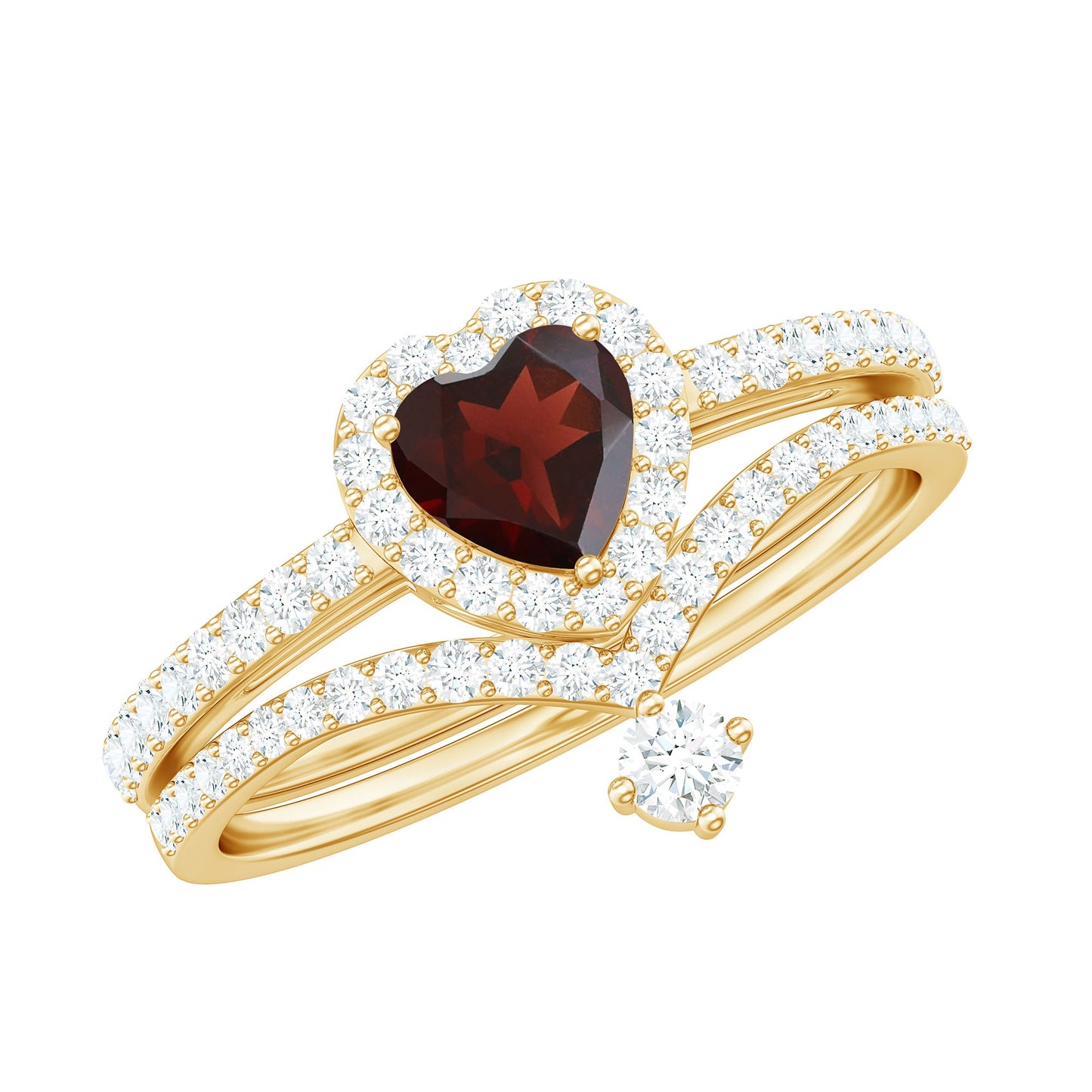 Natural Garnet Diamond Heart Engagement Ring Wedding Band Set