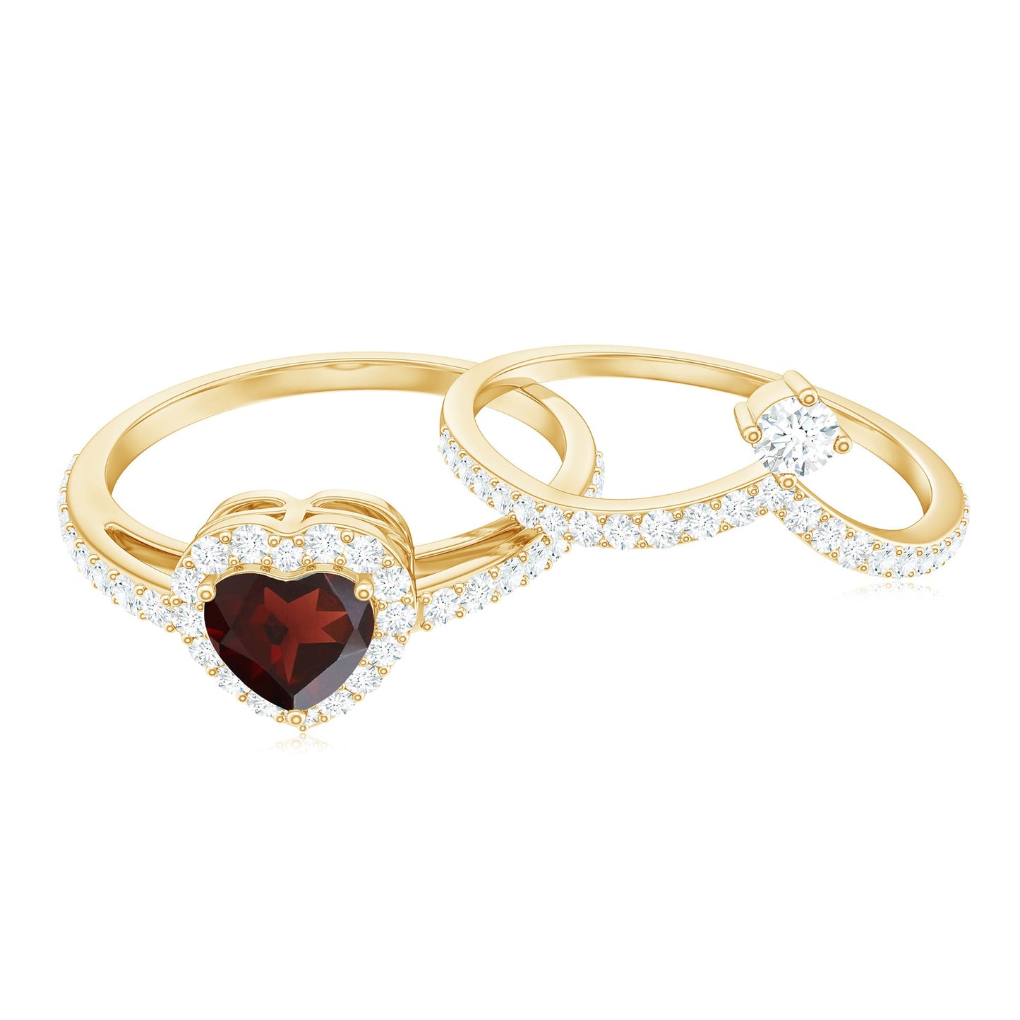 Natural Garnet Diamond Heart Engagement Ring Wedding Band Set