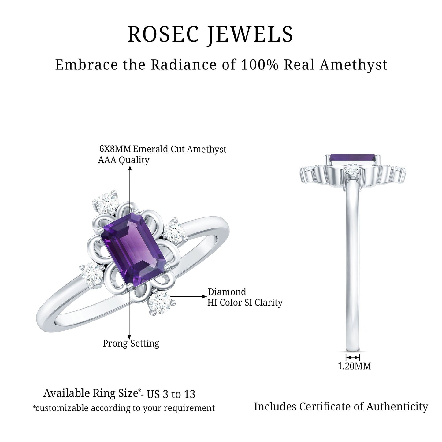 Vintage Inspired Amethyst Solitaire Ring with Diamond