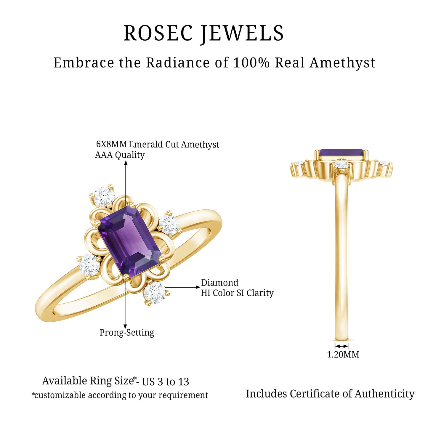 Vintage Inspired Amethyst Solitaire Ring with Diamond