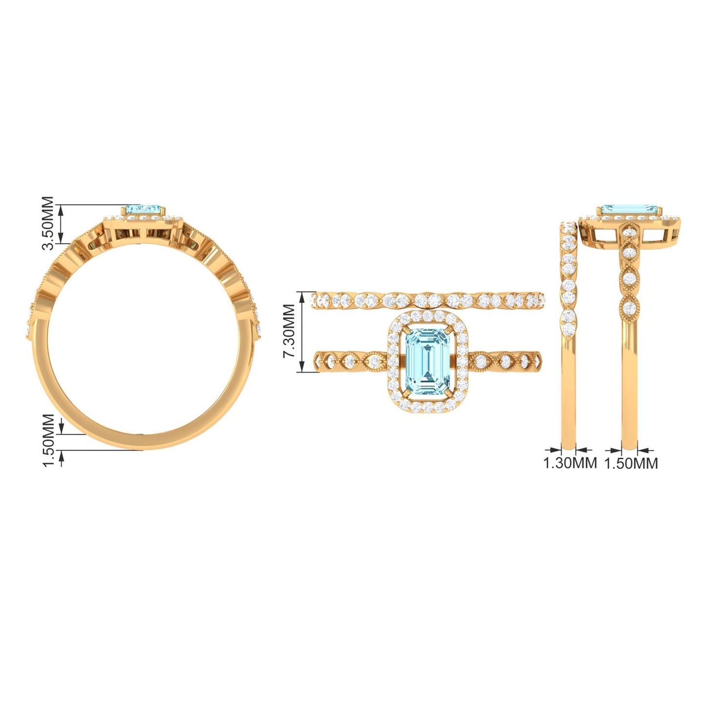 Octagon Cut Aquamarine and Diamond Designer Ring Set