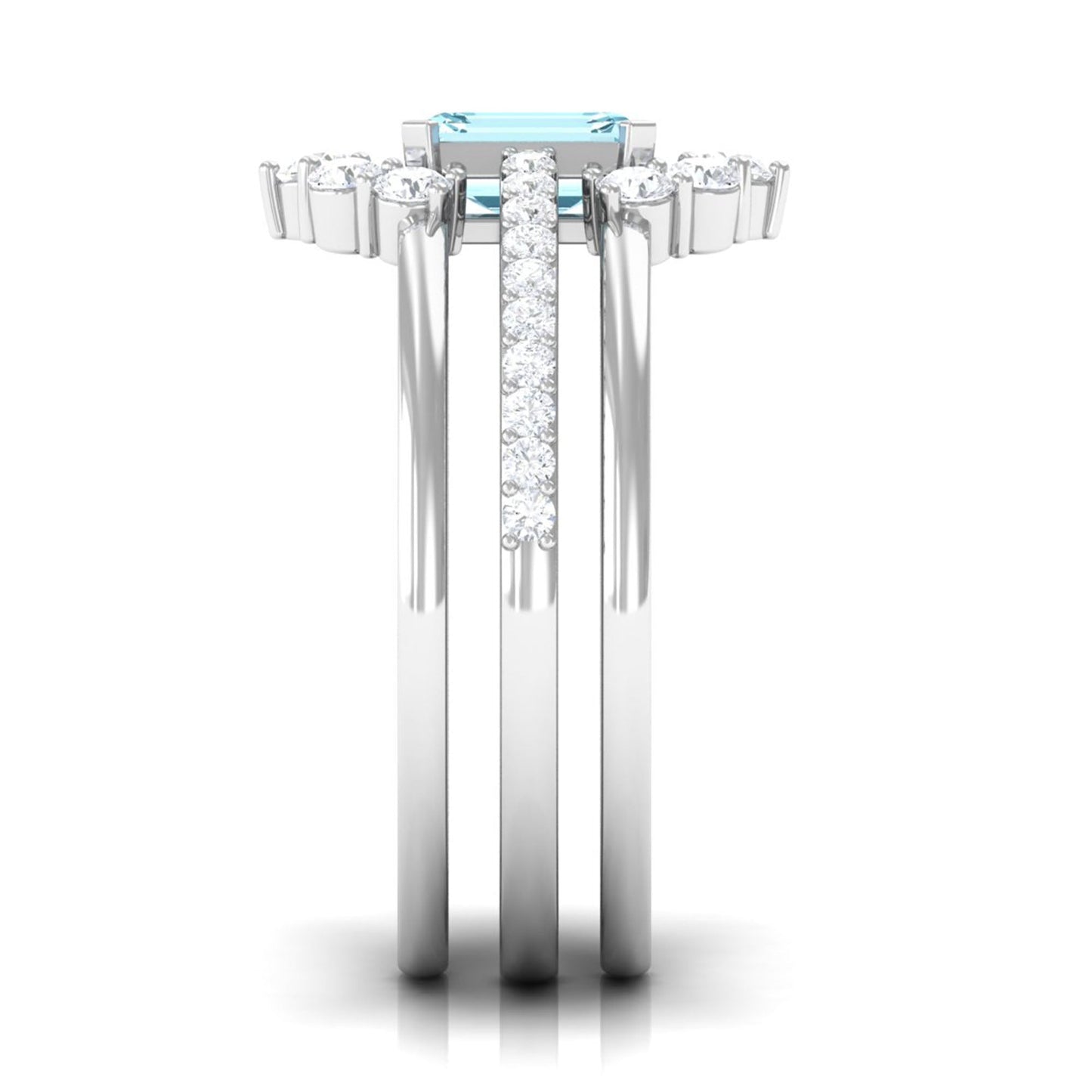 Aquamarine Solitaire Trio Ring Set with Diamond