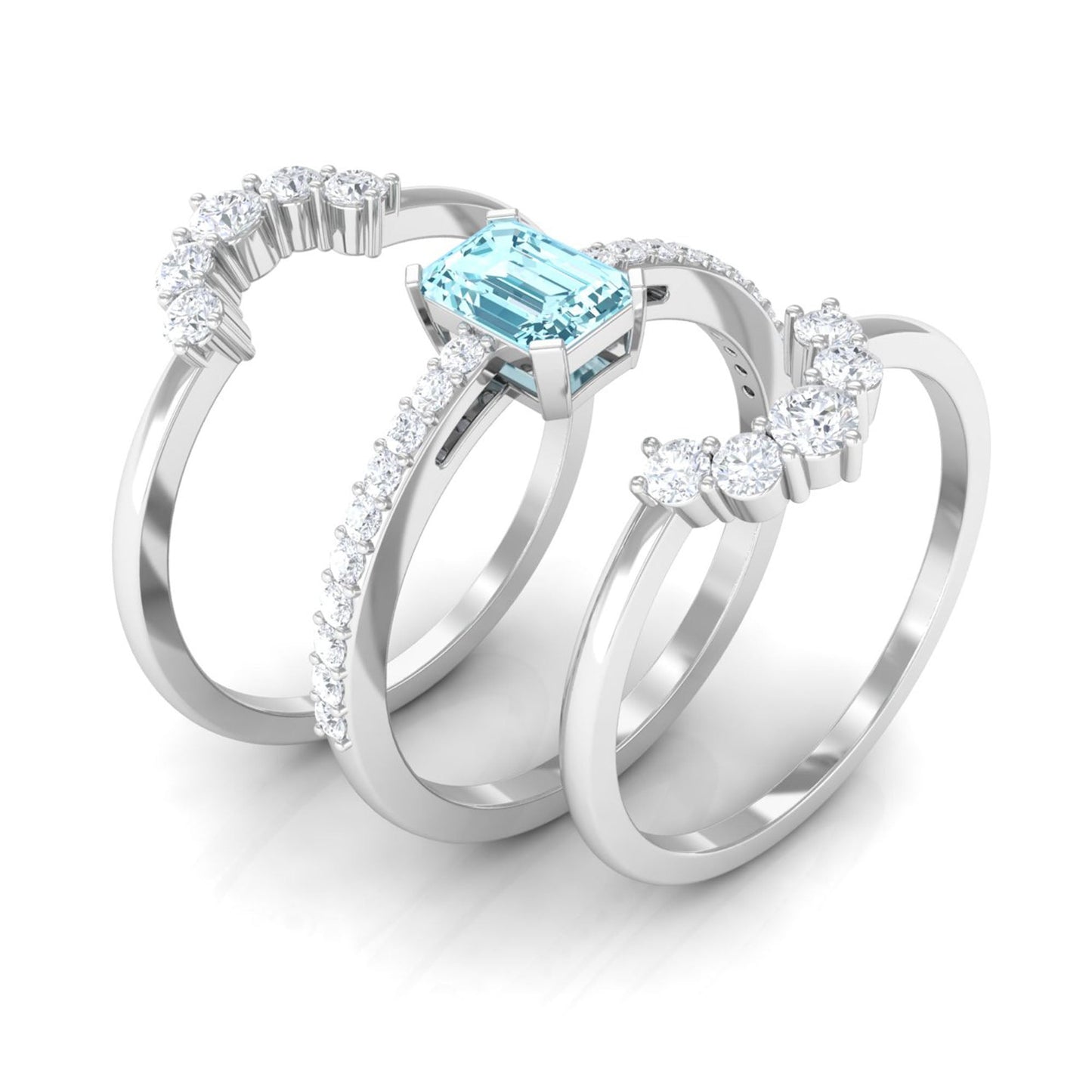 Aquamarine Solitaire Trio Ring Set with Diamond