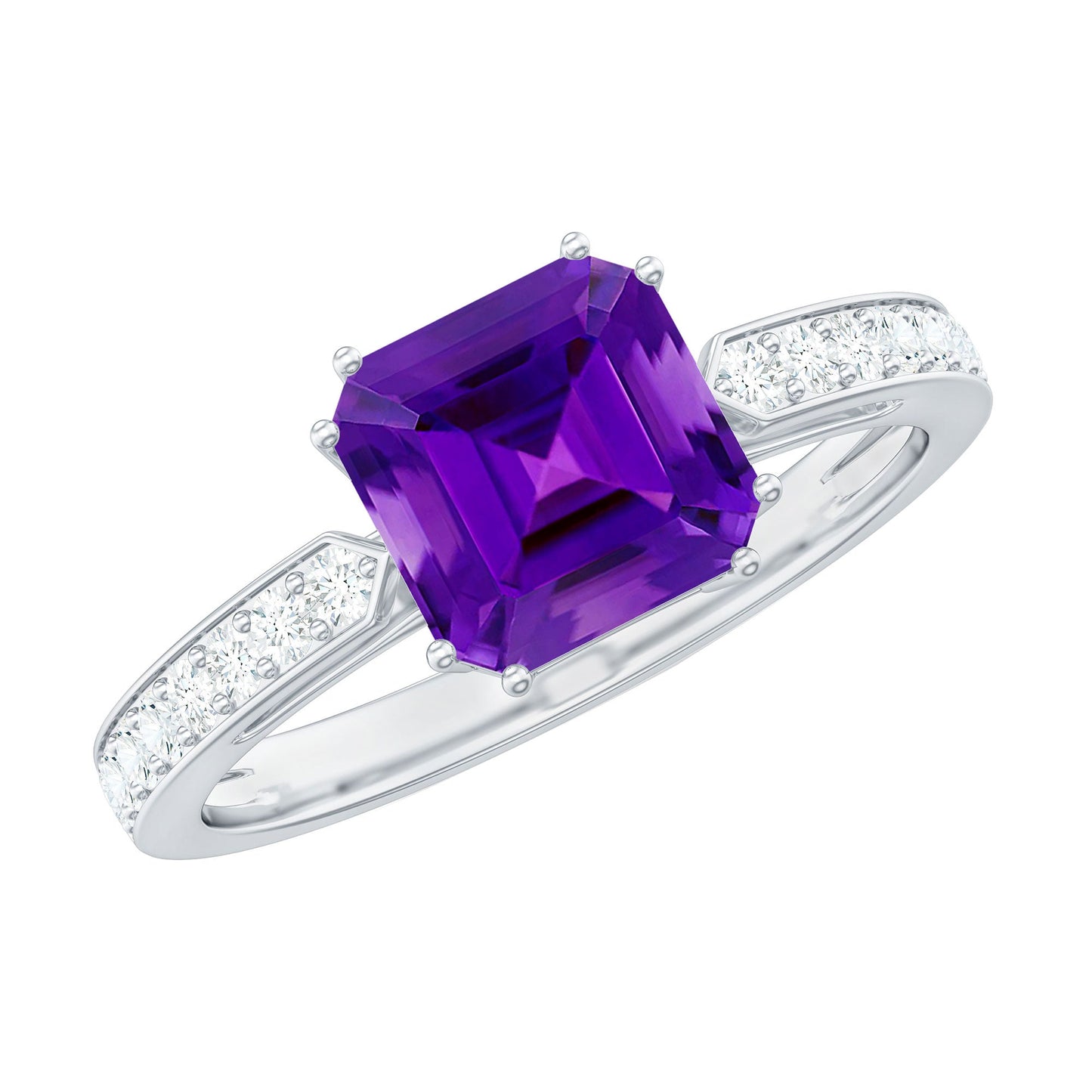Asscher Cut Amethyst Solitaire Ring with Diamond Side Stones