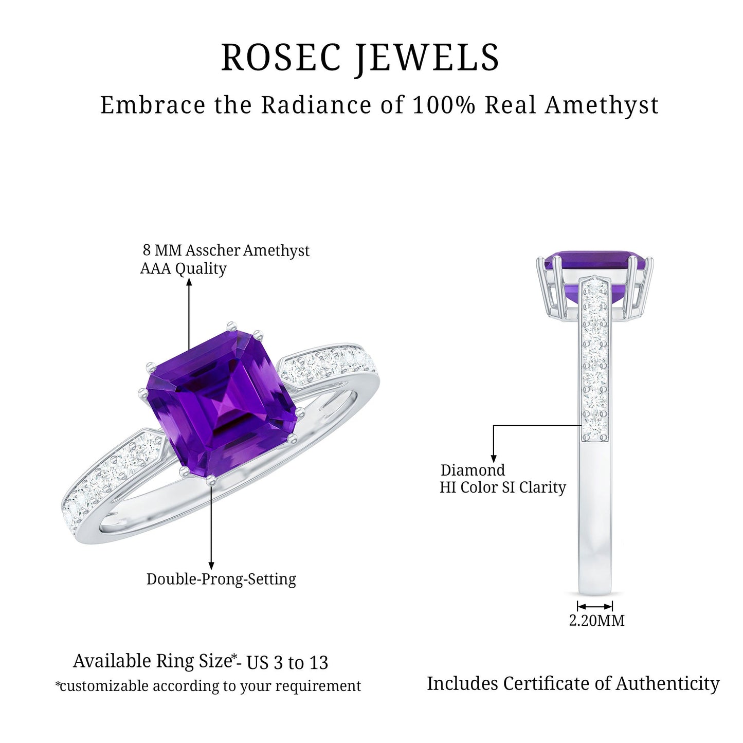 Asscher Cut Amethyst Solitaire Ring with Diamond Side Stones