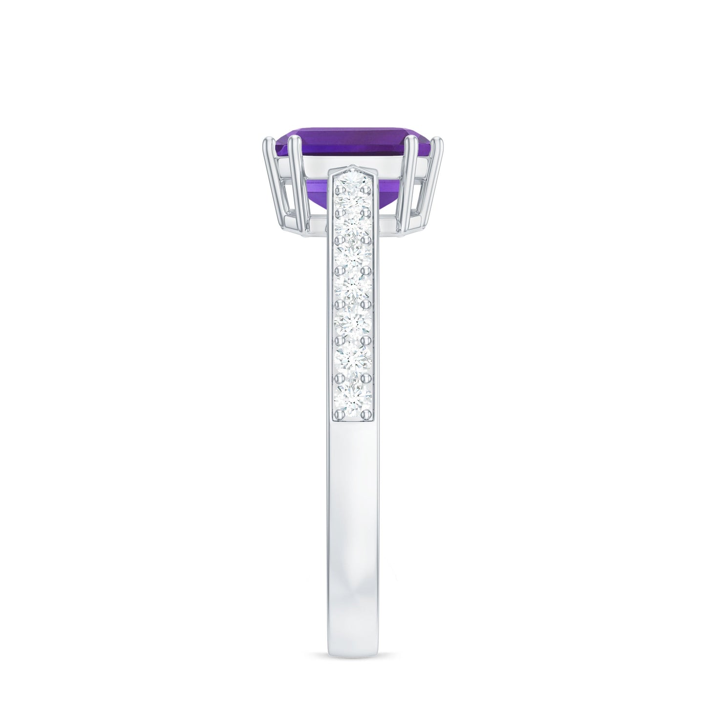 Asscher Cut Amethyst Solitaire Ring with Diamond Side Stones