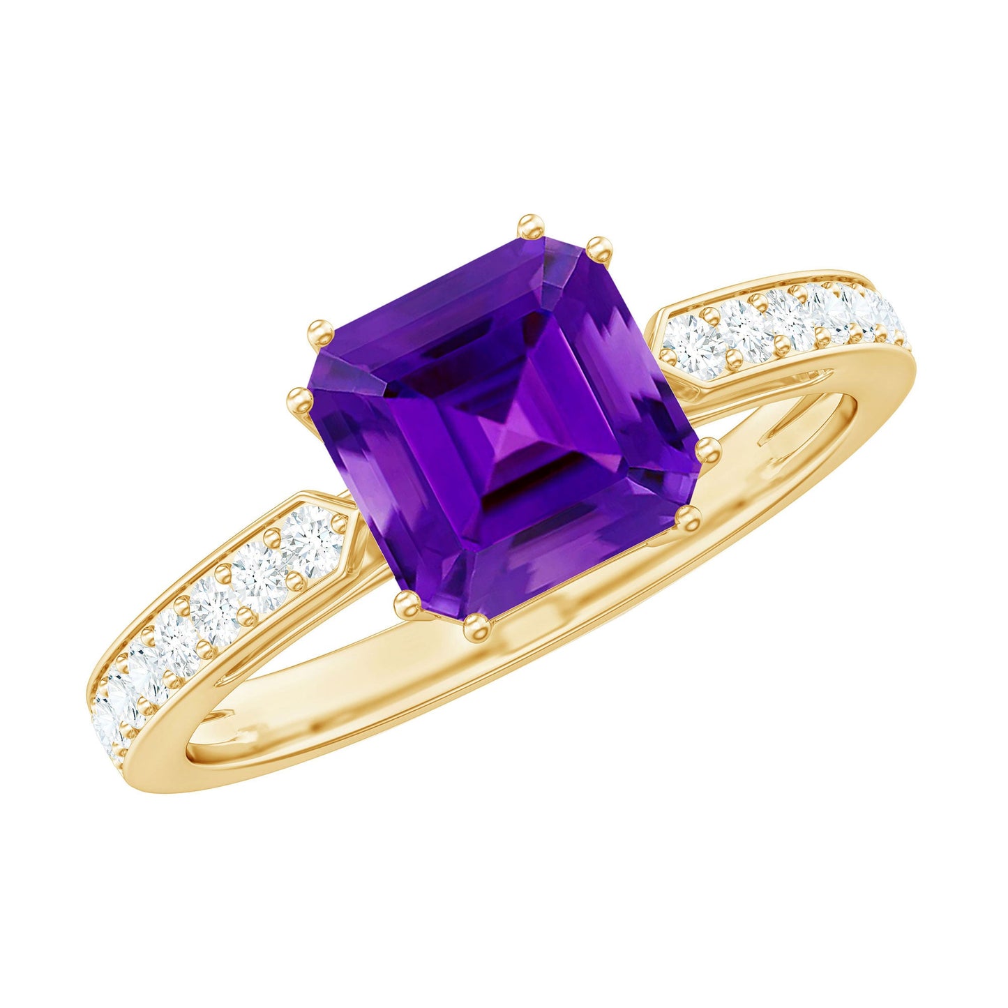 Asscher Cut Amethyst Solitaire Ring with Diamond Side Stones