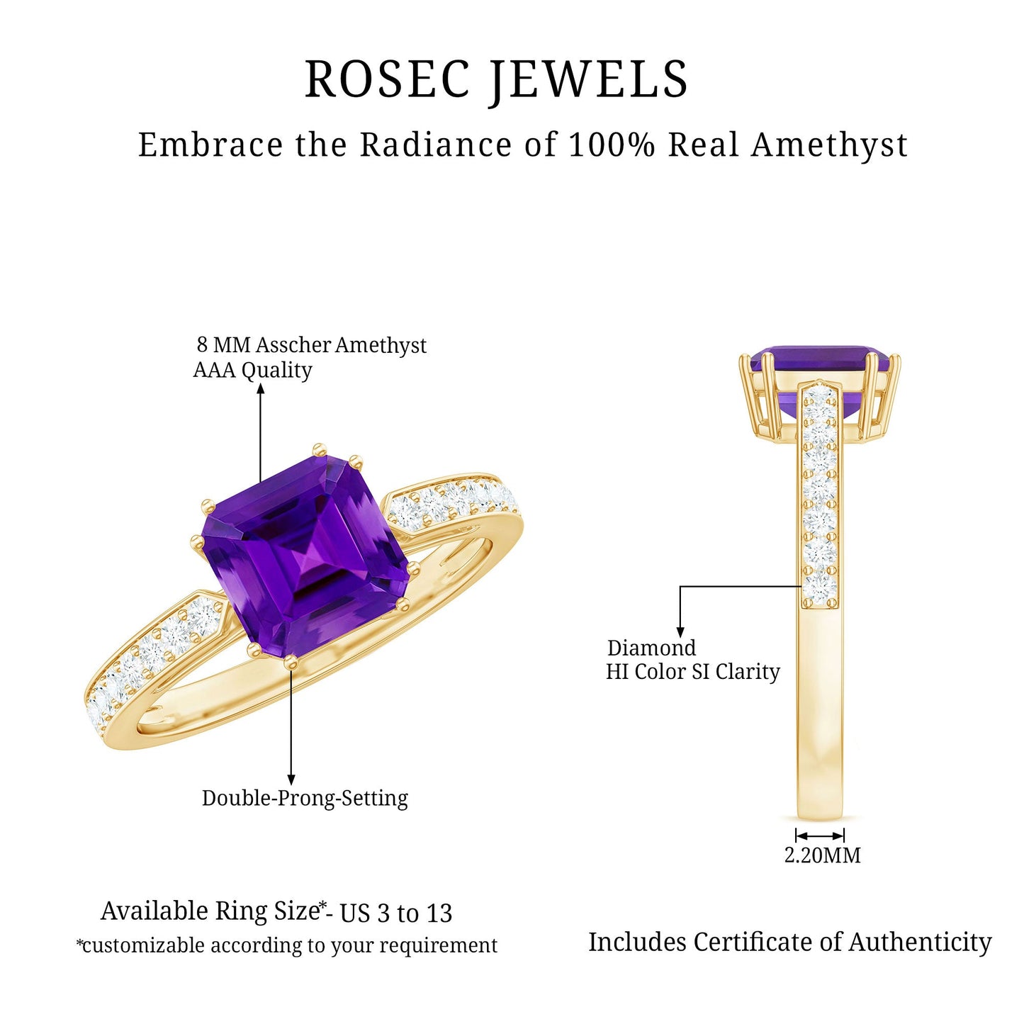 Asscher Cut Amethyst Solitaire Ring with Diamond Side Stones
