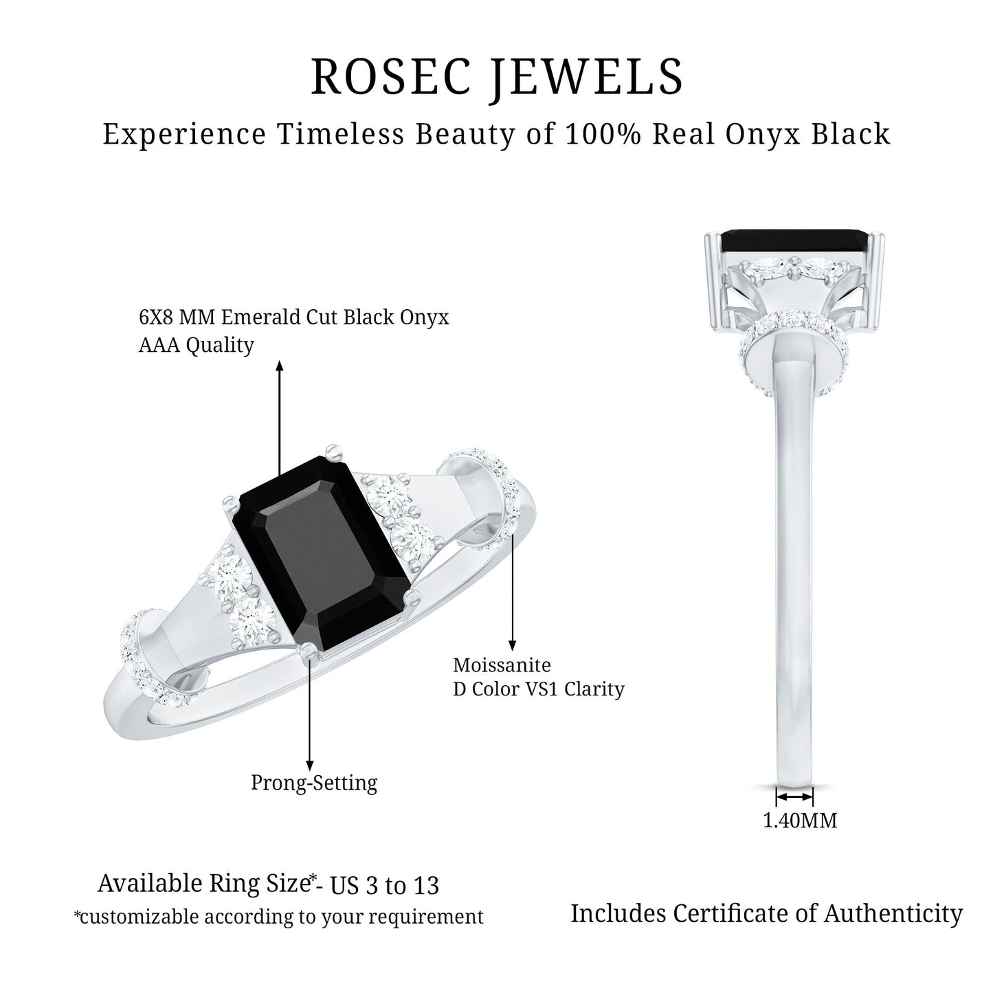 Emerald Cut Black Onyx Engagement Ring with Moissanite