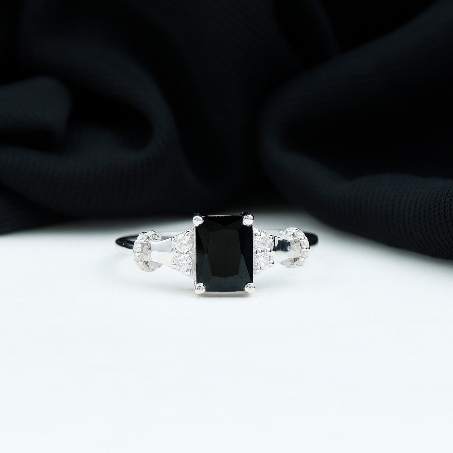 Emerald Cut Black Onyx Engagement Ring with Moissanite