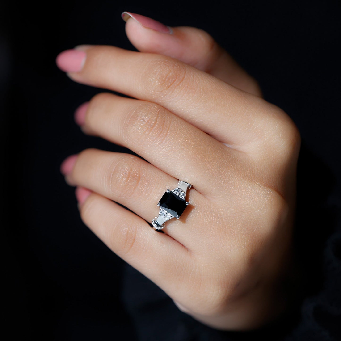 Emerald Cut Black Onyx Engagement Ring with Moissanite
