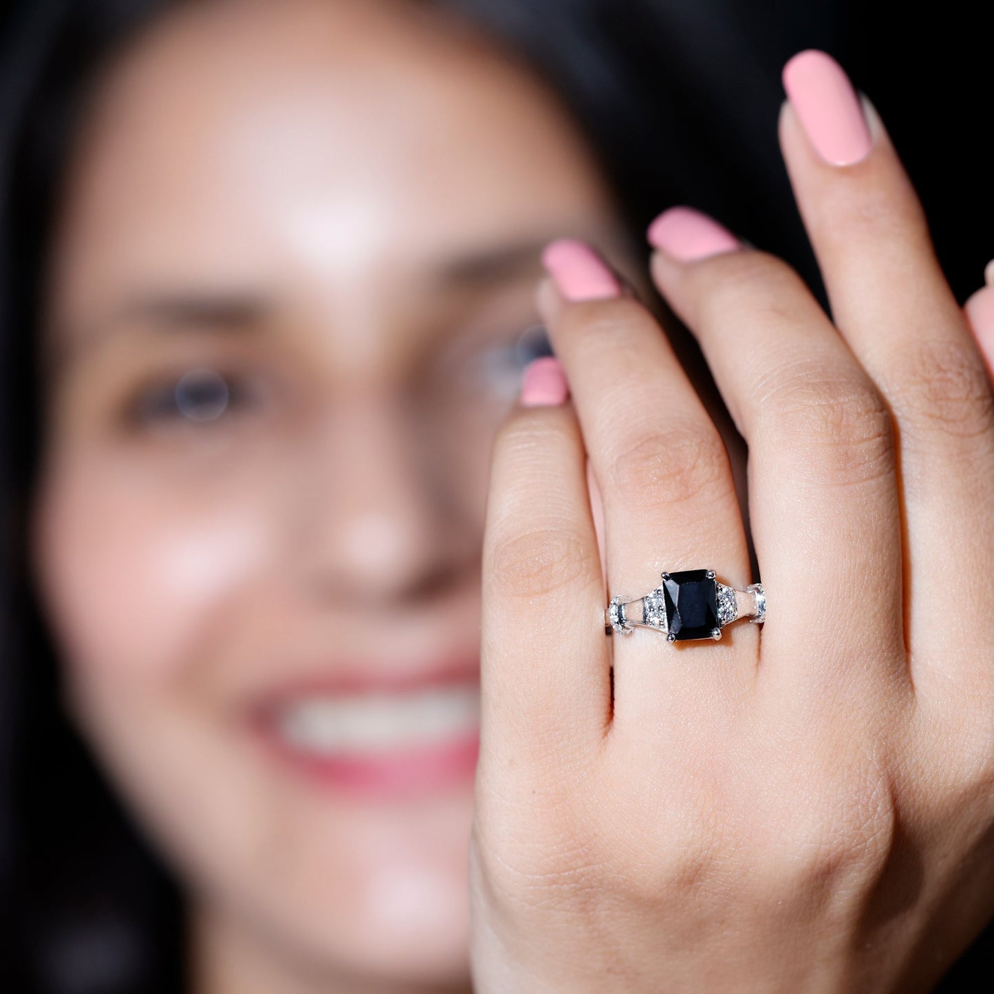 Emerald Cut Black Onyx Engagement Ring with Moissanite