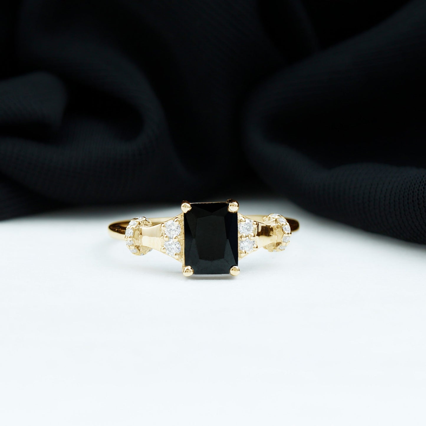Emerald Cut Black Onyx Engagement Ring with Moissanite