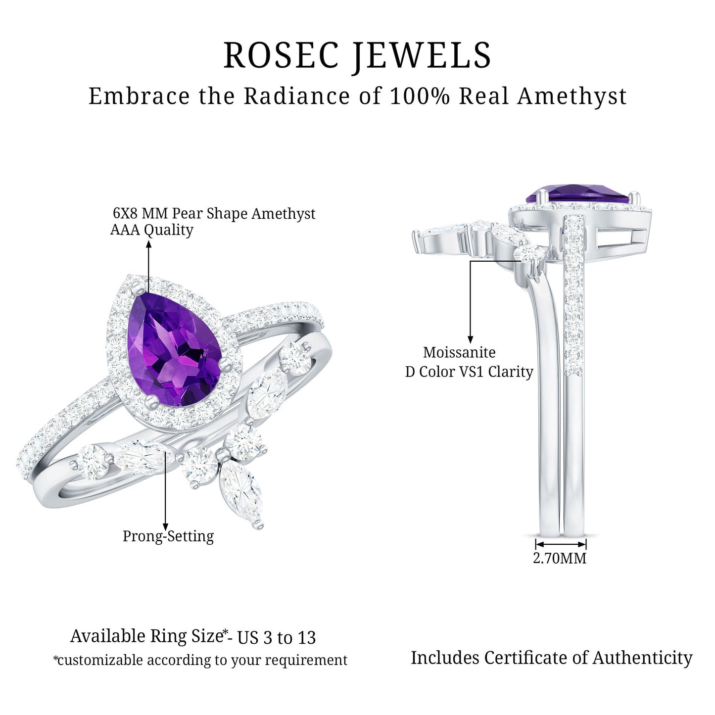 Pear Cut Amethyst Designer Bridal Ring Set with Moissanite