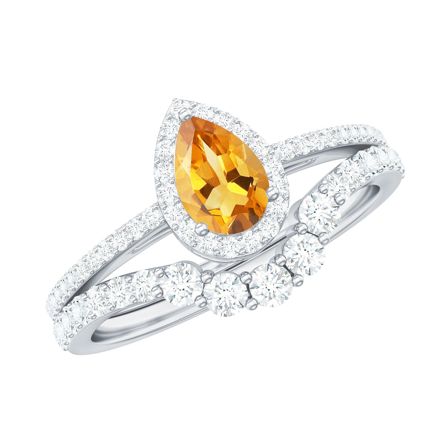 Natural Citrine Teardrop Engagement Ring with Wedding Band
